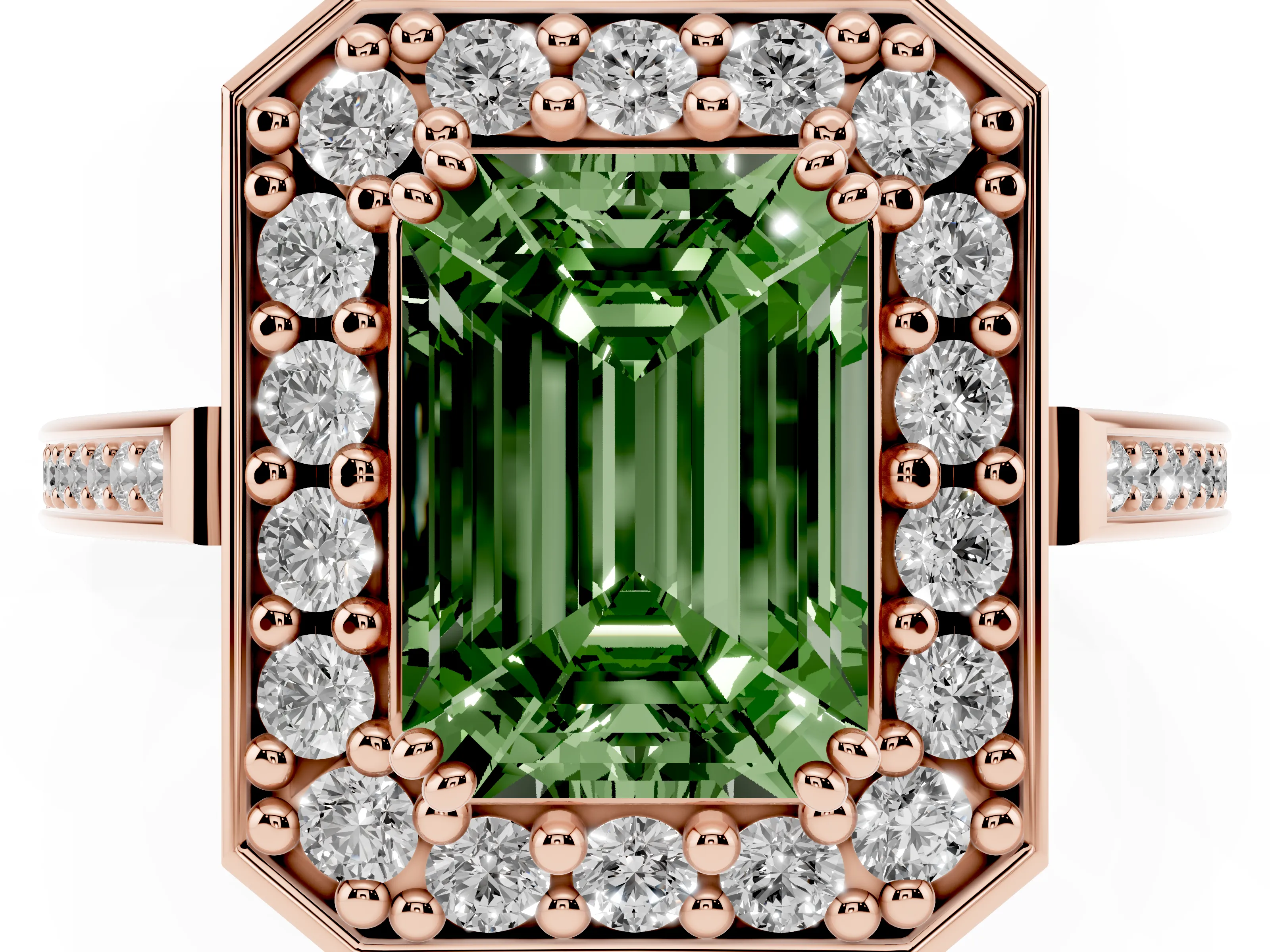 Fancy Green Emerald Cut Diamond Halo Ring Set in Rose gold with Accent-Lined Split Shank and Prong Setting