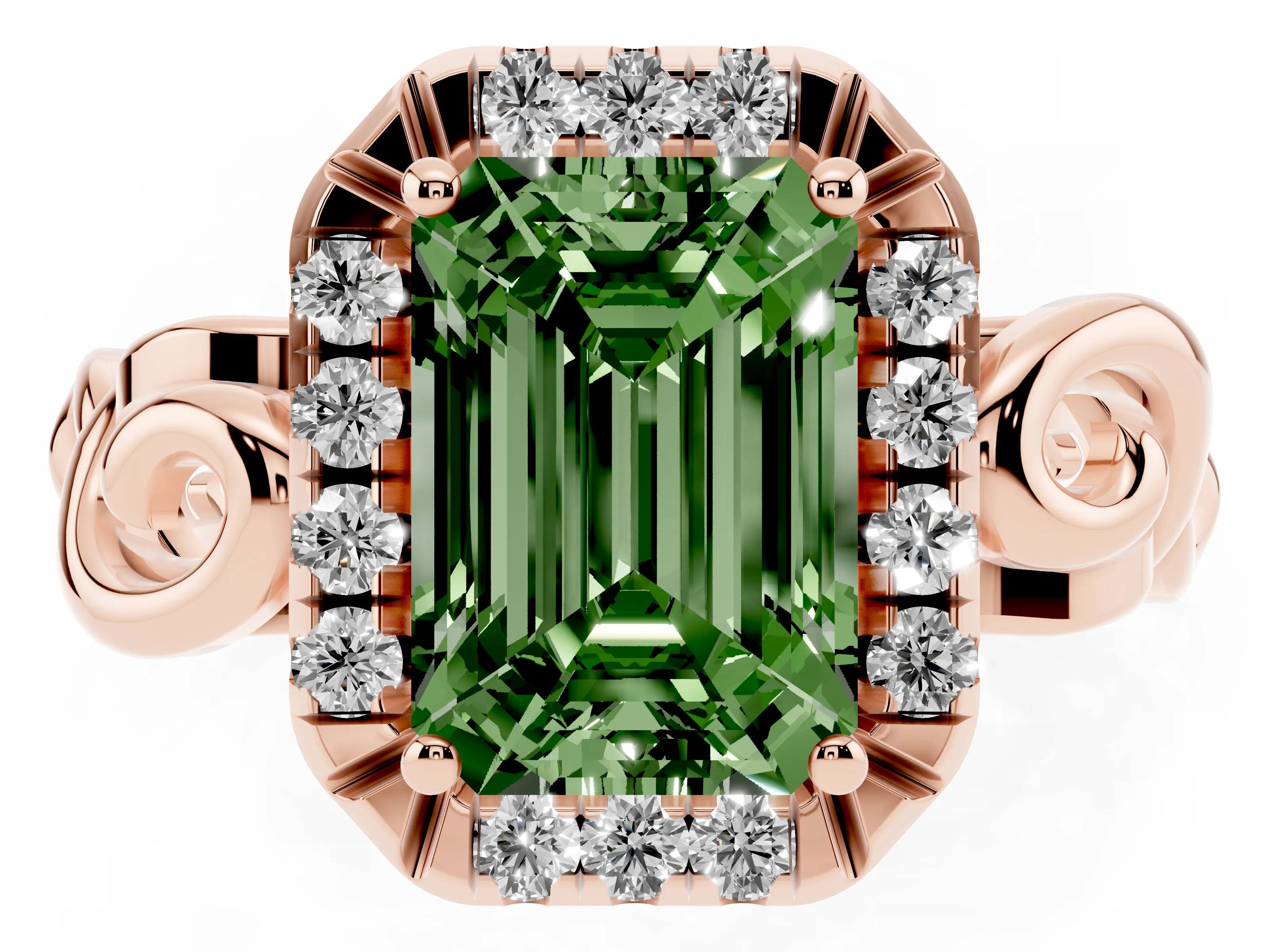 Fancy Green Emerald Cut Diamond Halo Ring Set in Rose gold with Scrollwork Band and Prong Setting