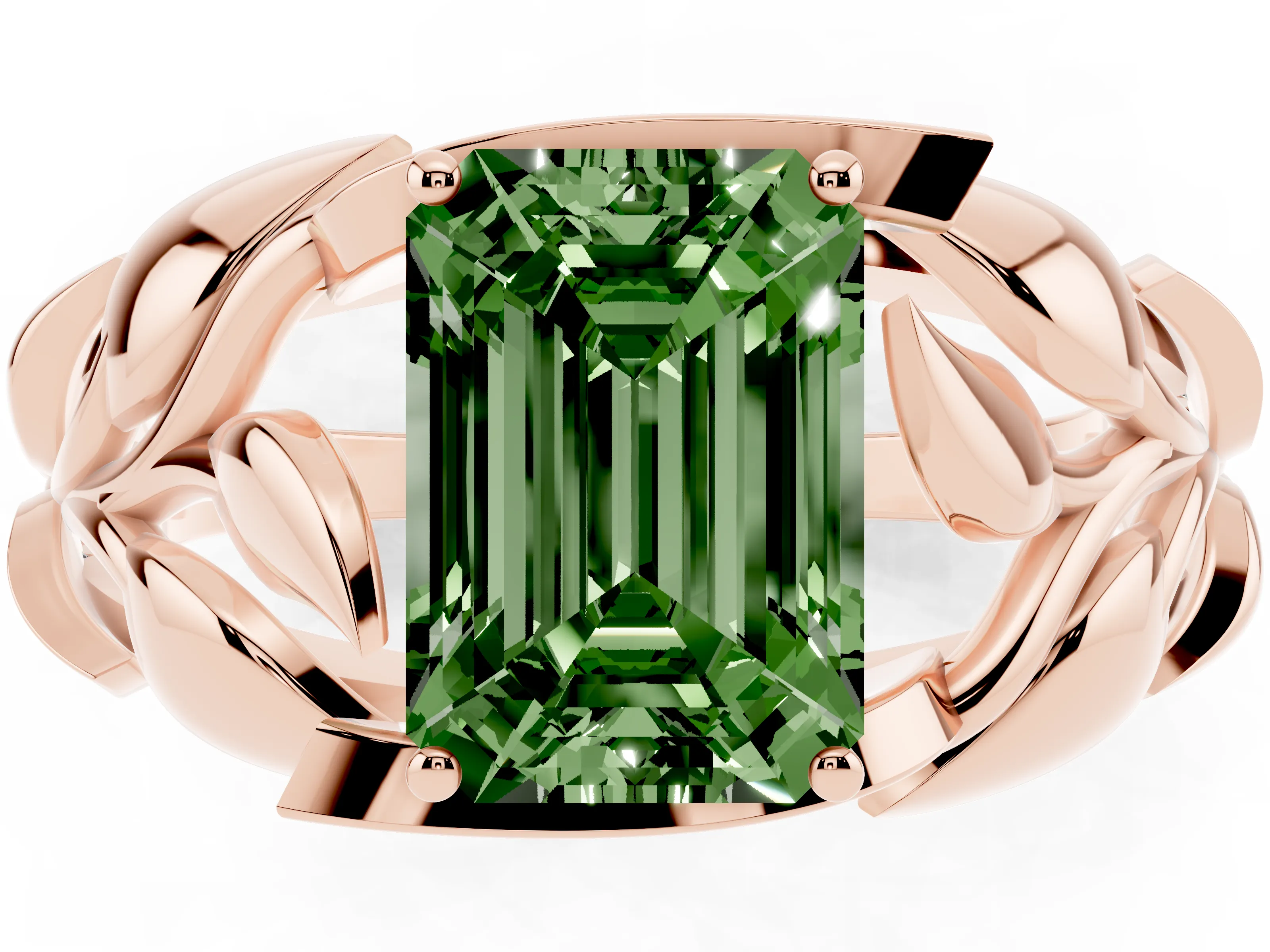 Fancy Green Emerald Cut Diamond Leaf-Inspired Engagement Ring Set in Rose gold with Round Accents