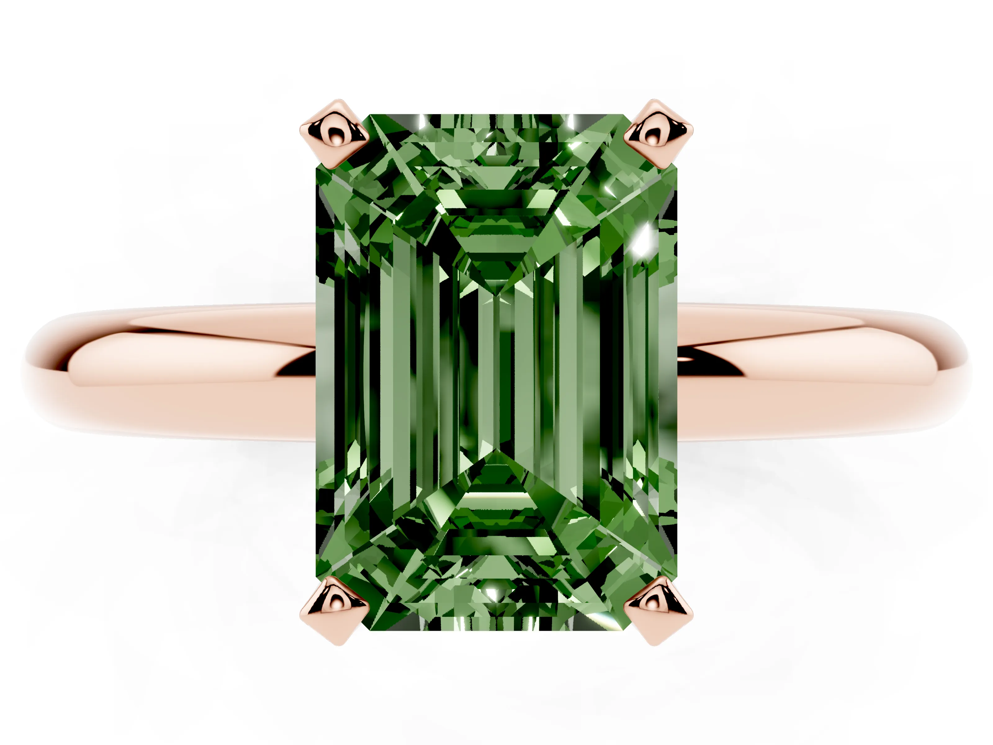 Fancy Green Emerald Cut Diamond Solitaire Engagement Ring Set in Rose gold with Round Band and Prong Setting