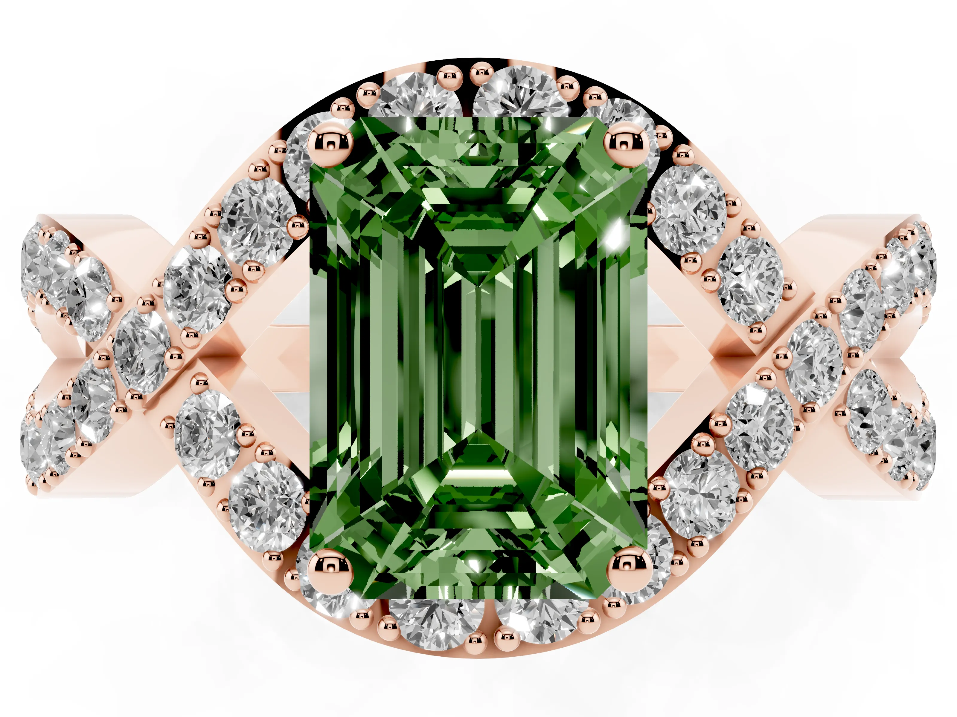 Fancy Green Emerald Cut Diamond Solitaire Twist Band Pavé Engagement Ring Set in Rose gold