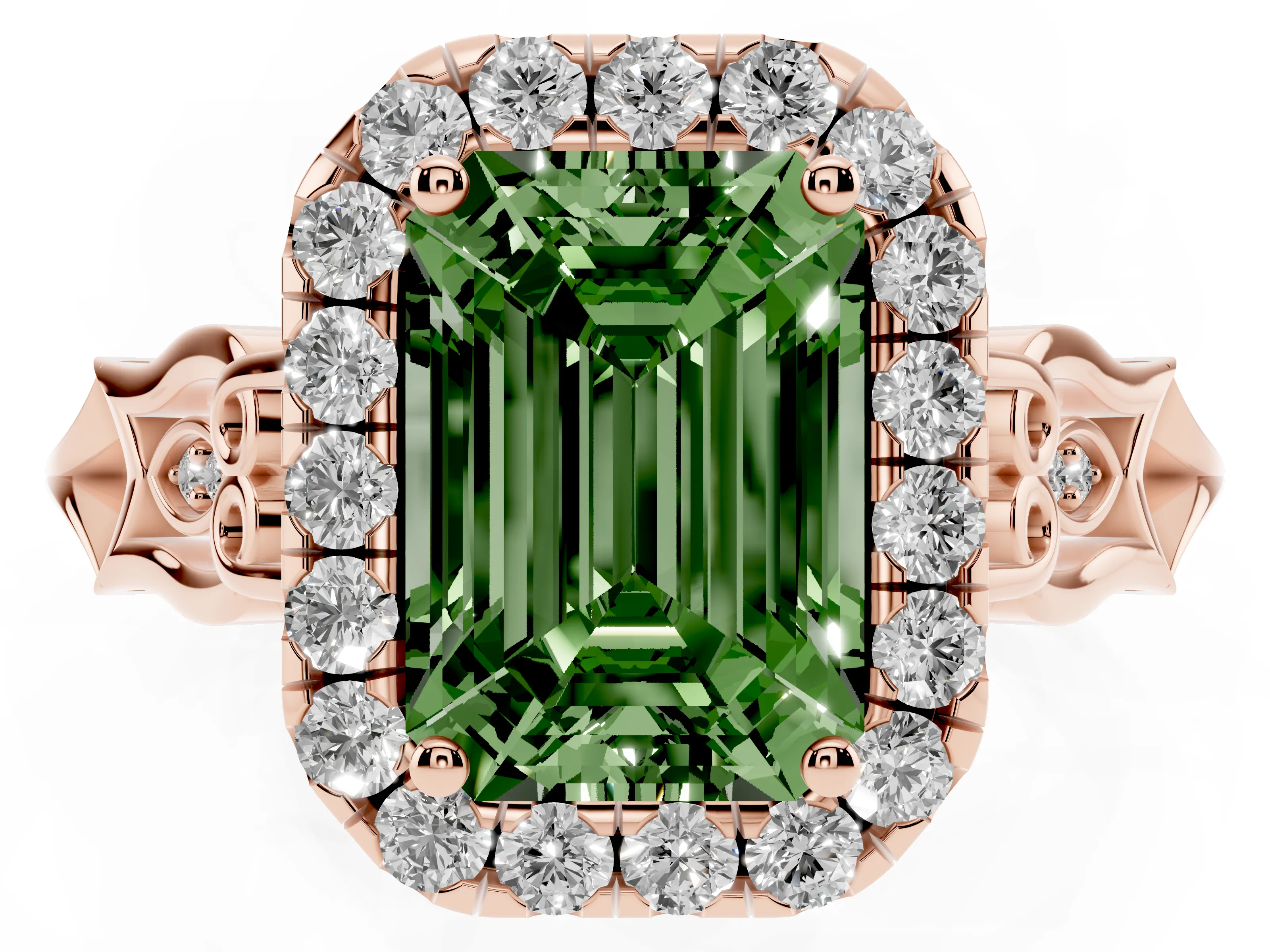 Fancy Green Emerald Cut Diamond Halo Engagement Ring Set in Rose gold with Filigree Band and Prong-Set Center