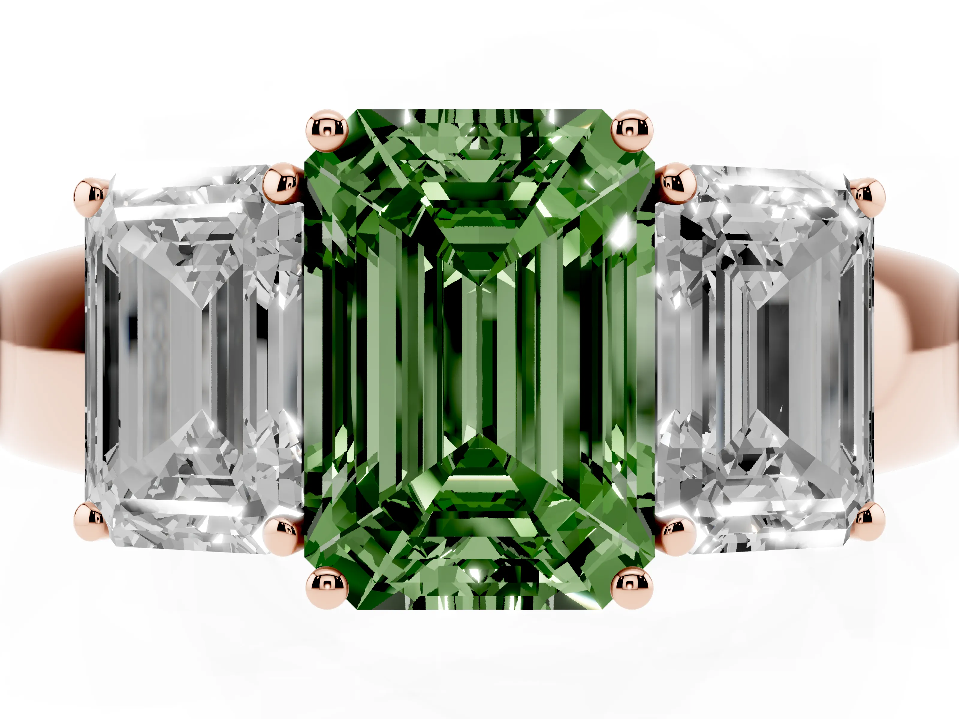 Fancy Green Three-Stone Emerald Cut Diamond Ring Set in Rose gold with Matching Prong Settings and Plain Band