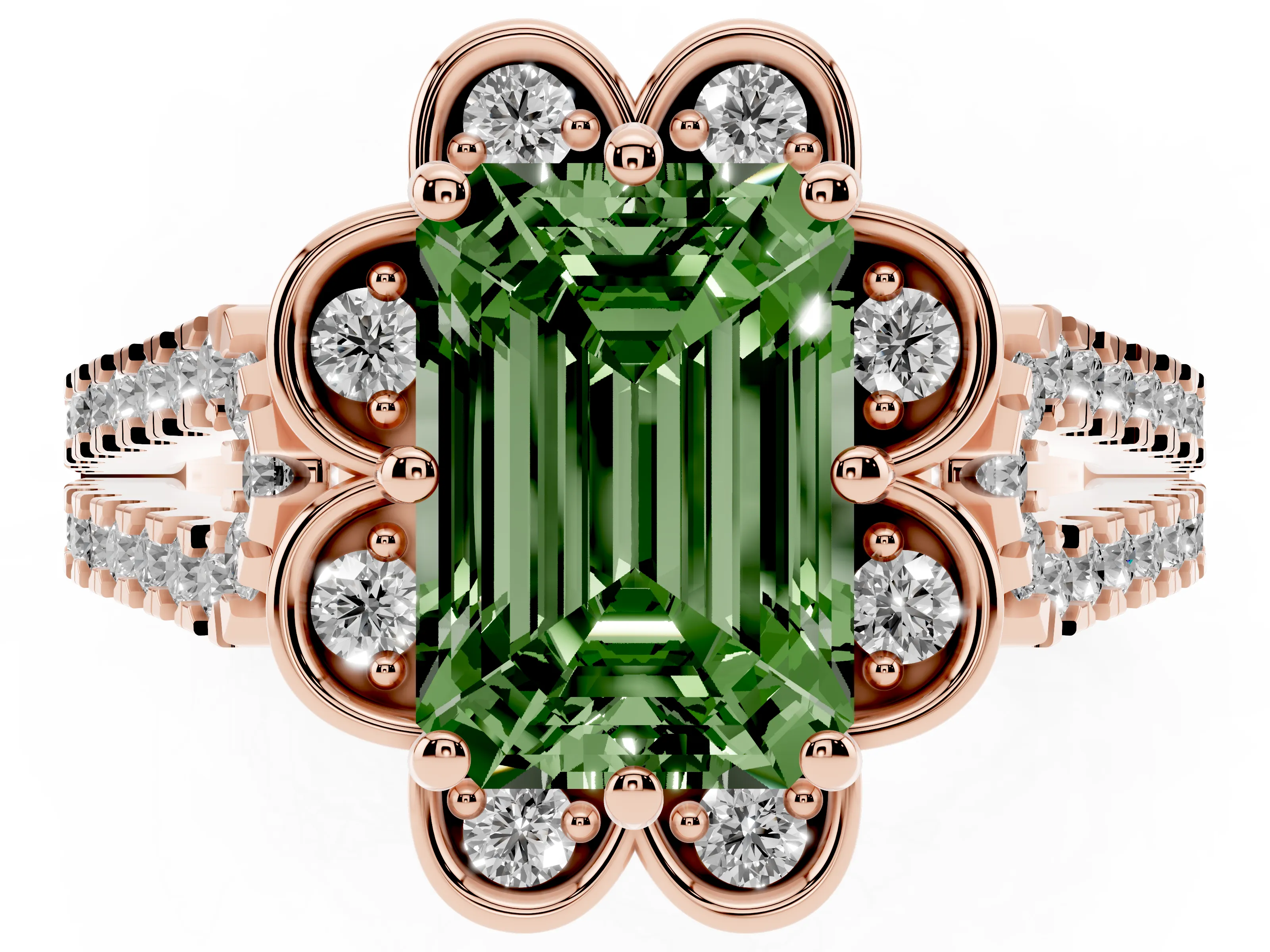 Fancy Green Emerald Cut Diamond Floral Halo Split Shank Engagement Ring Set in Rose gold with Pavé Shank