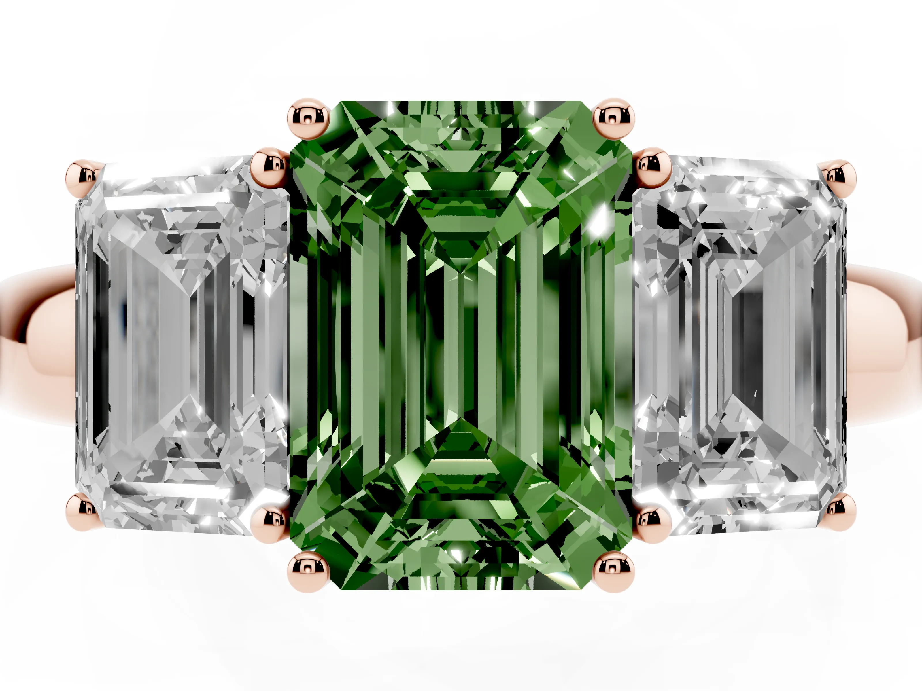 Fancy Green Emerald Cut Diamond Three-Stone Ring Set in Rose gold with Bold Center and Classic Band