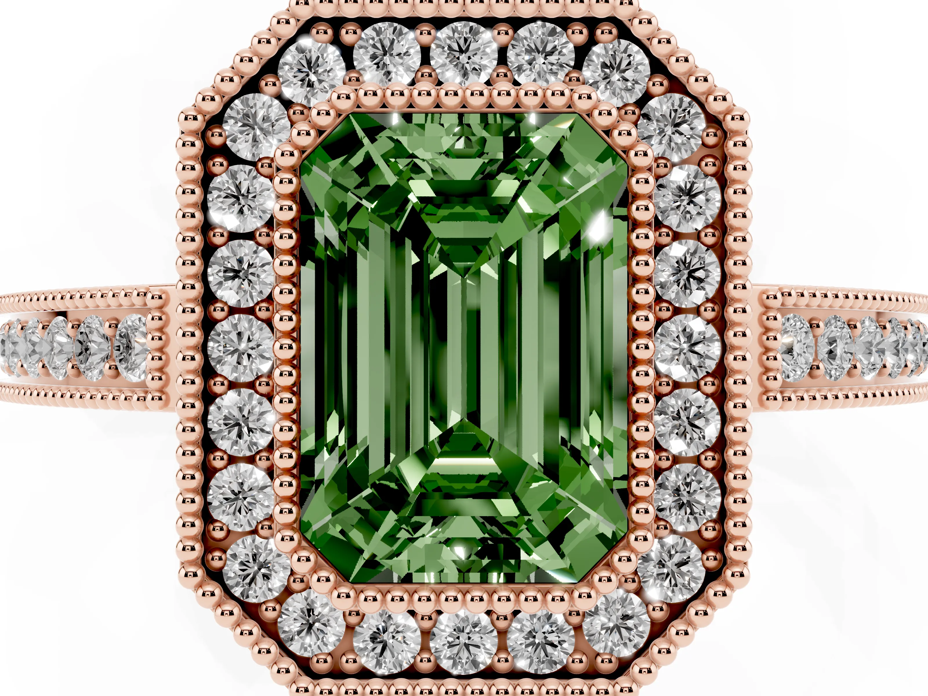 Fancy Green Emerald Cut Diamond Halo Ring Set in Rose gold with Pavé Band and Milgrain-Edged Prongs