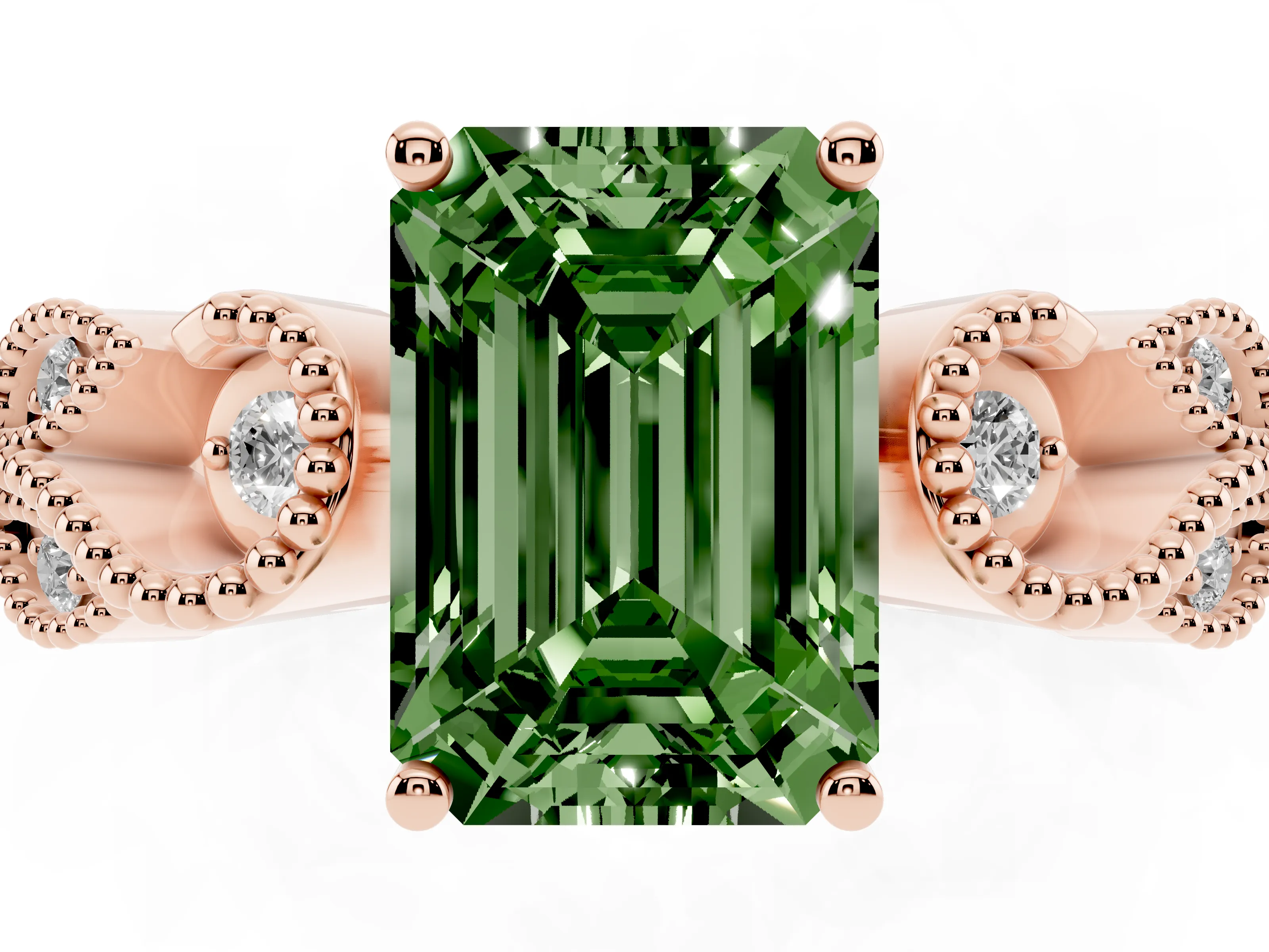 Fancy Green Emerald Cut Diamond Milgrain Leaf Band Solitaire Ring Set in Rose gold with Accent Stones and Prong Setting