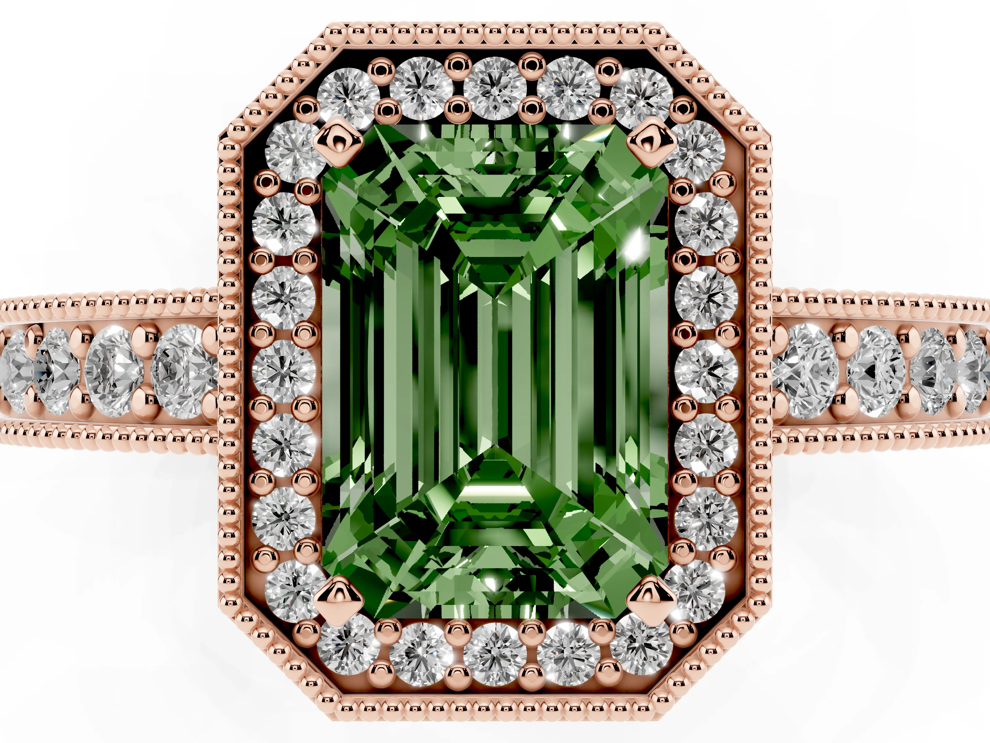 Fancy Green Emerald Cut Diamond Halo Pavé Band Ring Set in Rose gold with Prong-Set Center