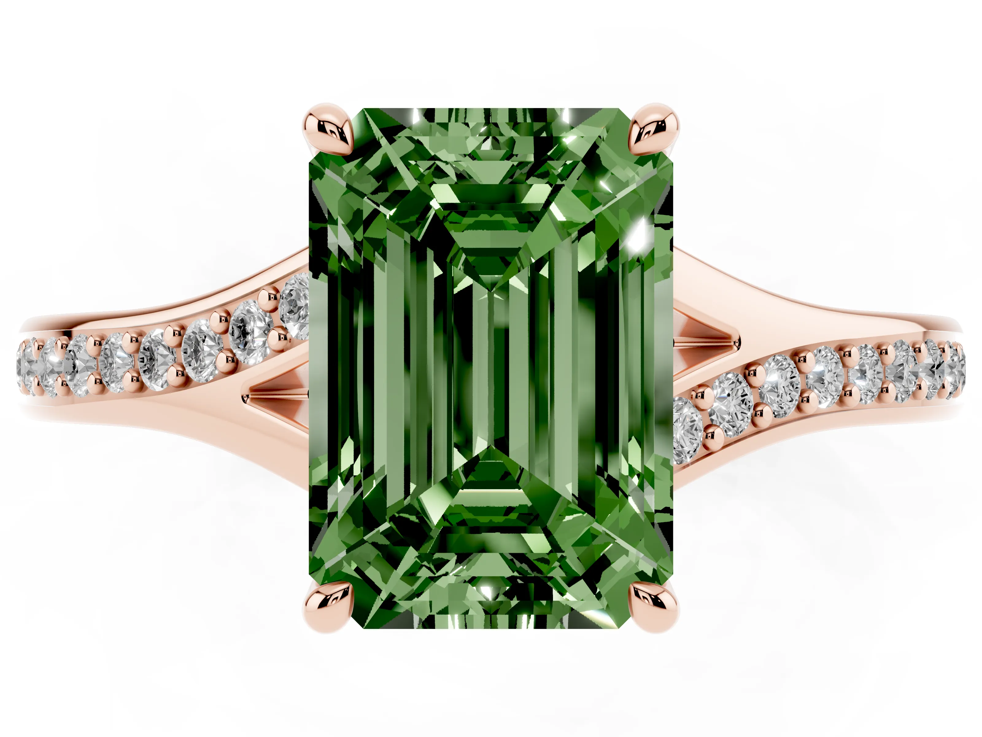 Fancy Green Emerald Cut Diamond Solitaire Ring Set in Rose gold with Pavé Accent Band and Classic Prong Setting