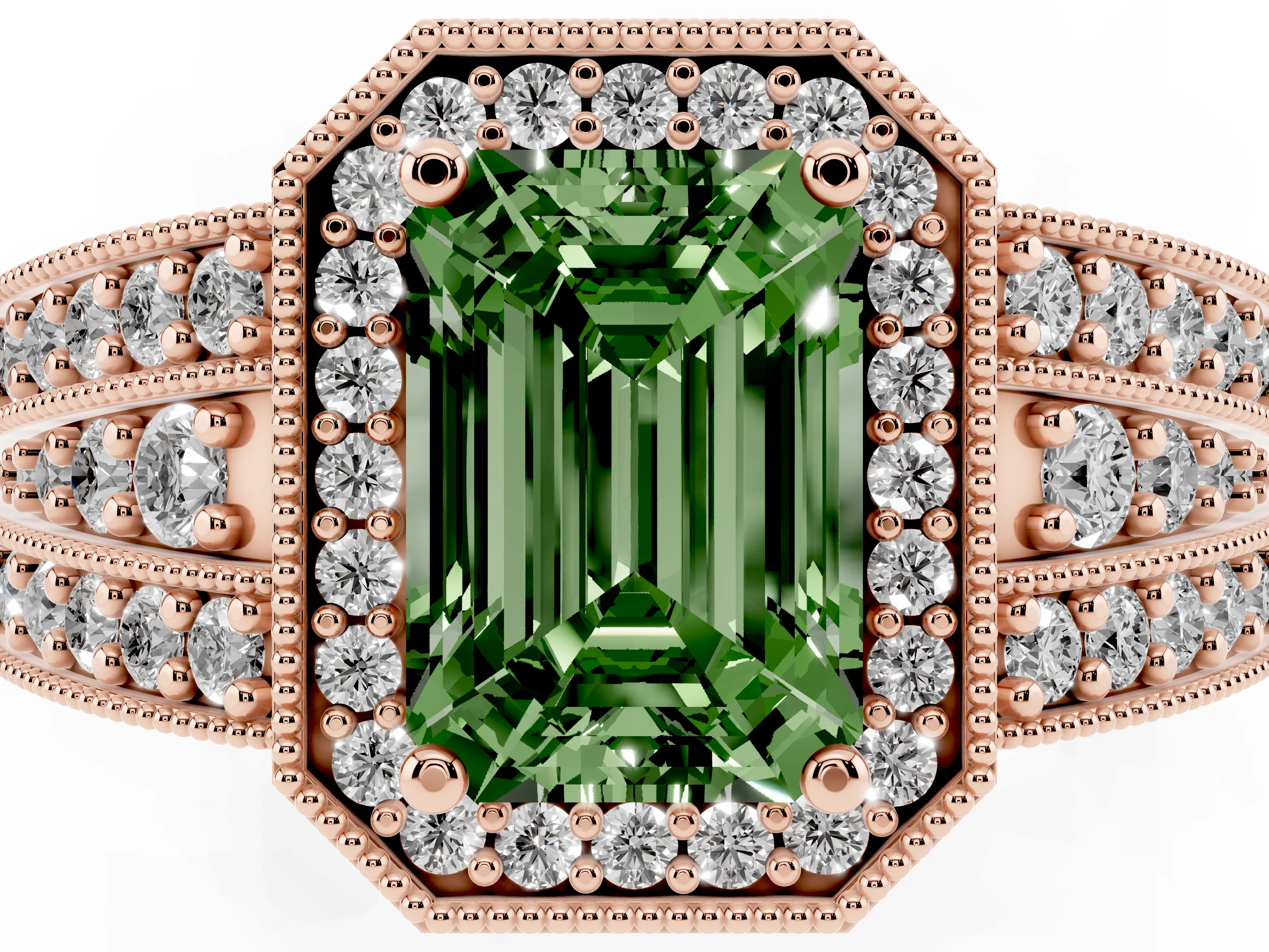 Fancy Green Emerald Cut Diamond Halo Ring Set in Rose gold with Accent Split Shank and Prong Setting