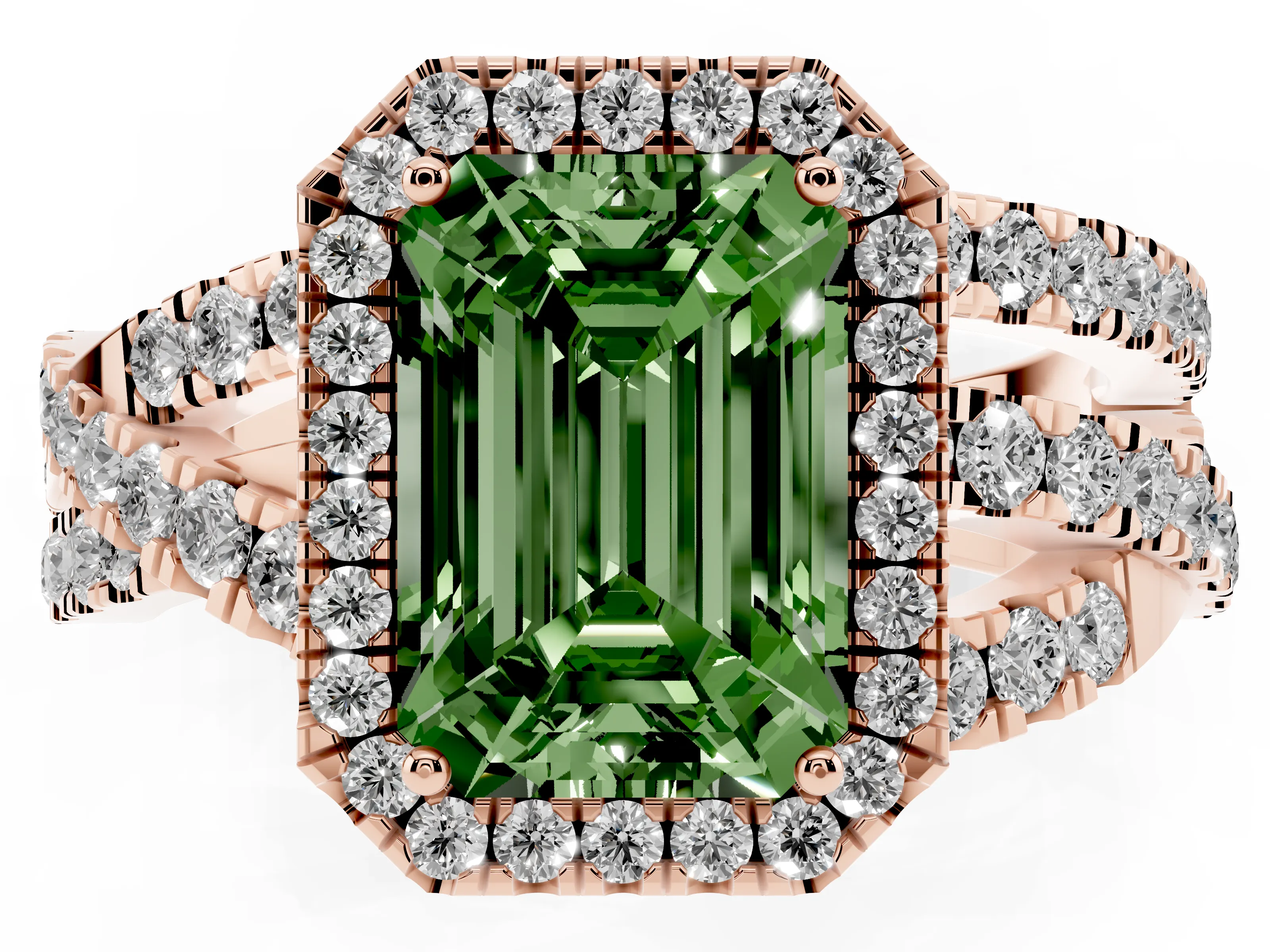 Fancy Green Emerald Cut Diamond Halo Ring Set in Rose gold with Round Crossover Split Shank and Prong Setting
