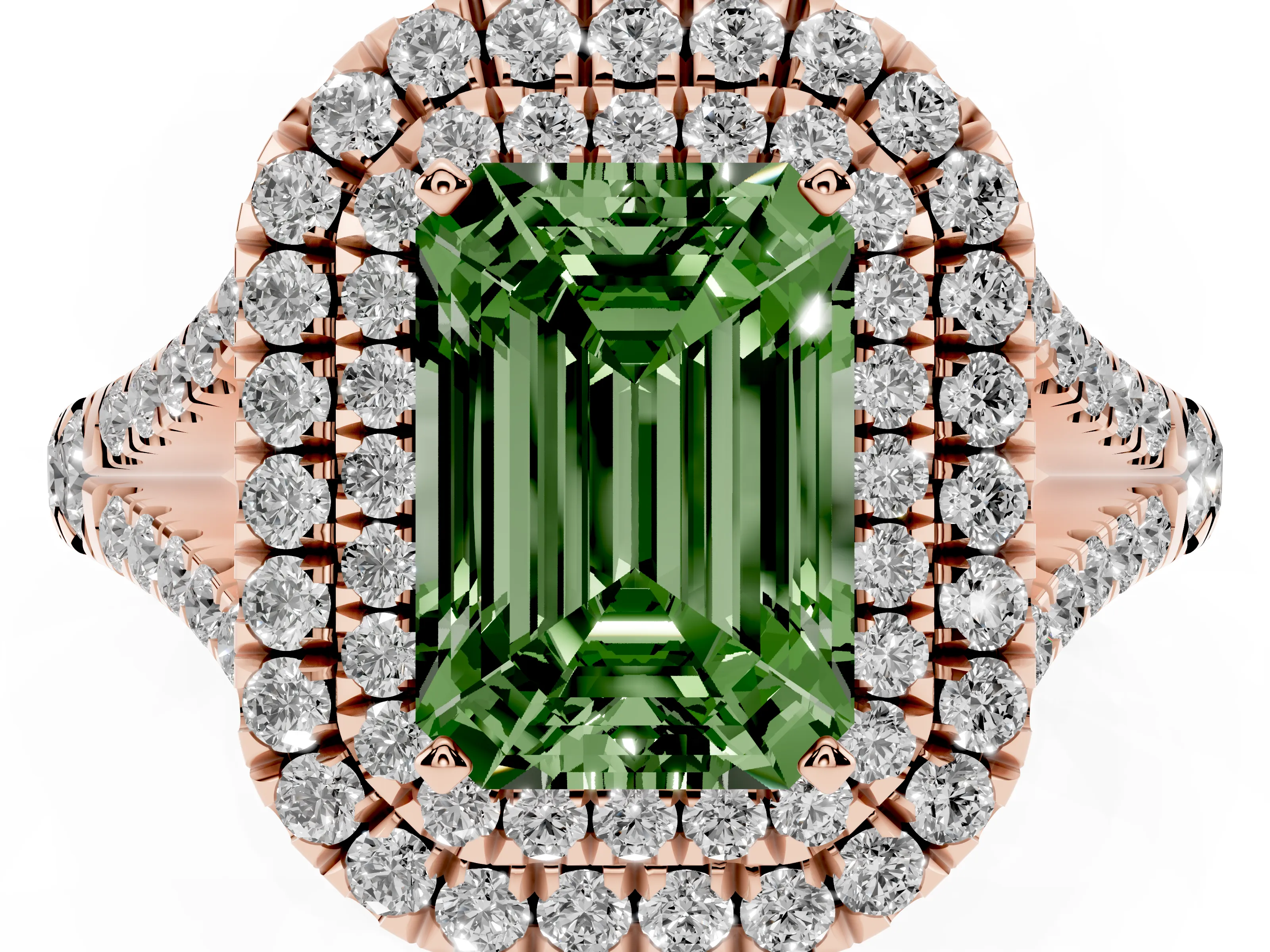 Fancy Green Emerald Cut Diamond Pavé Split Shank Double Halo Engagement Ring Set in Rose gold