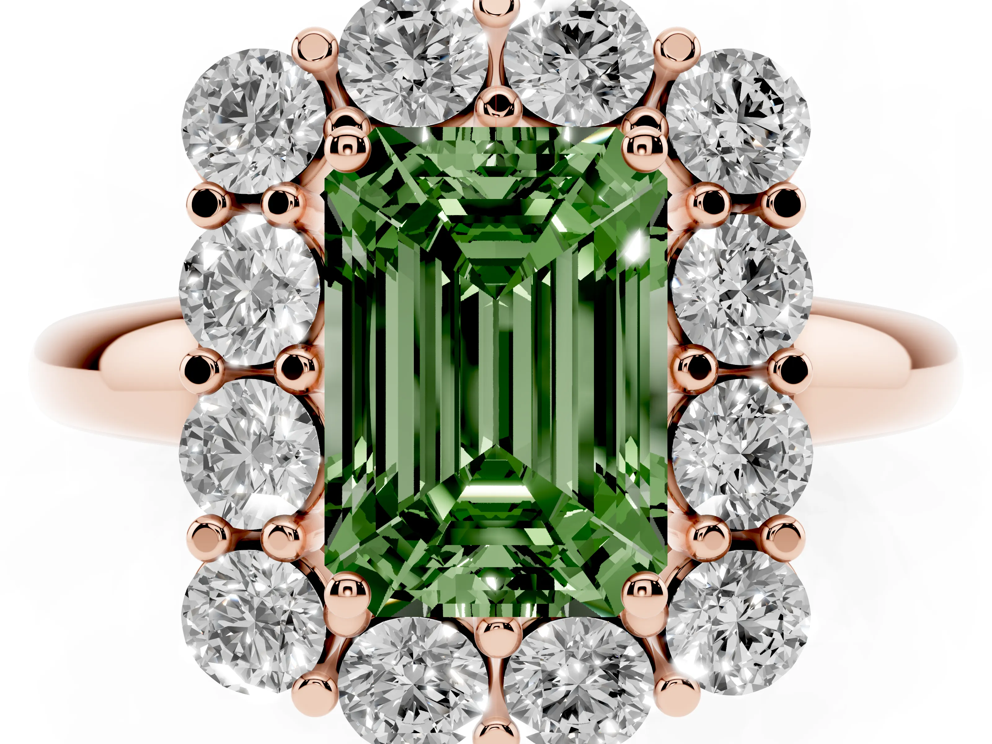 Fancy Green Emerald Cut Diamond Halo Cluster Engagement Ring Set in Rose gold with Polished Band and Prong Setting