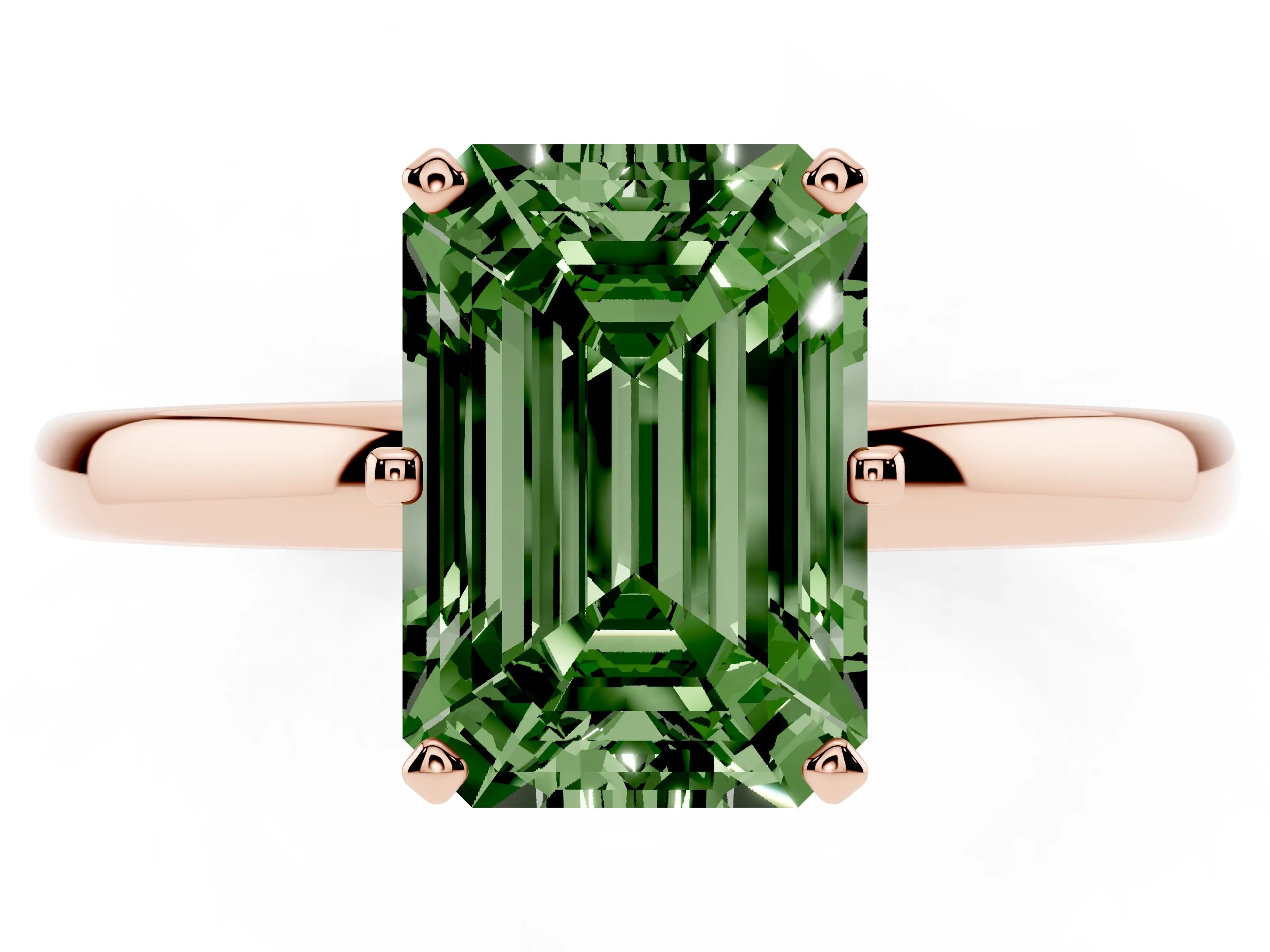 Fancy Green Emerald Cut Diamond Solitaire Ring Set in Rose gold with Raised Prong Setting on a Classic Band