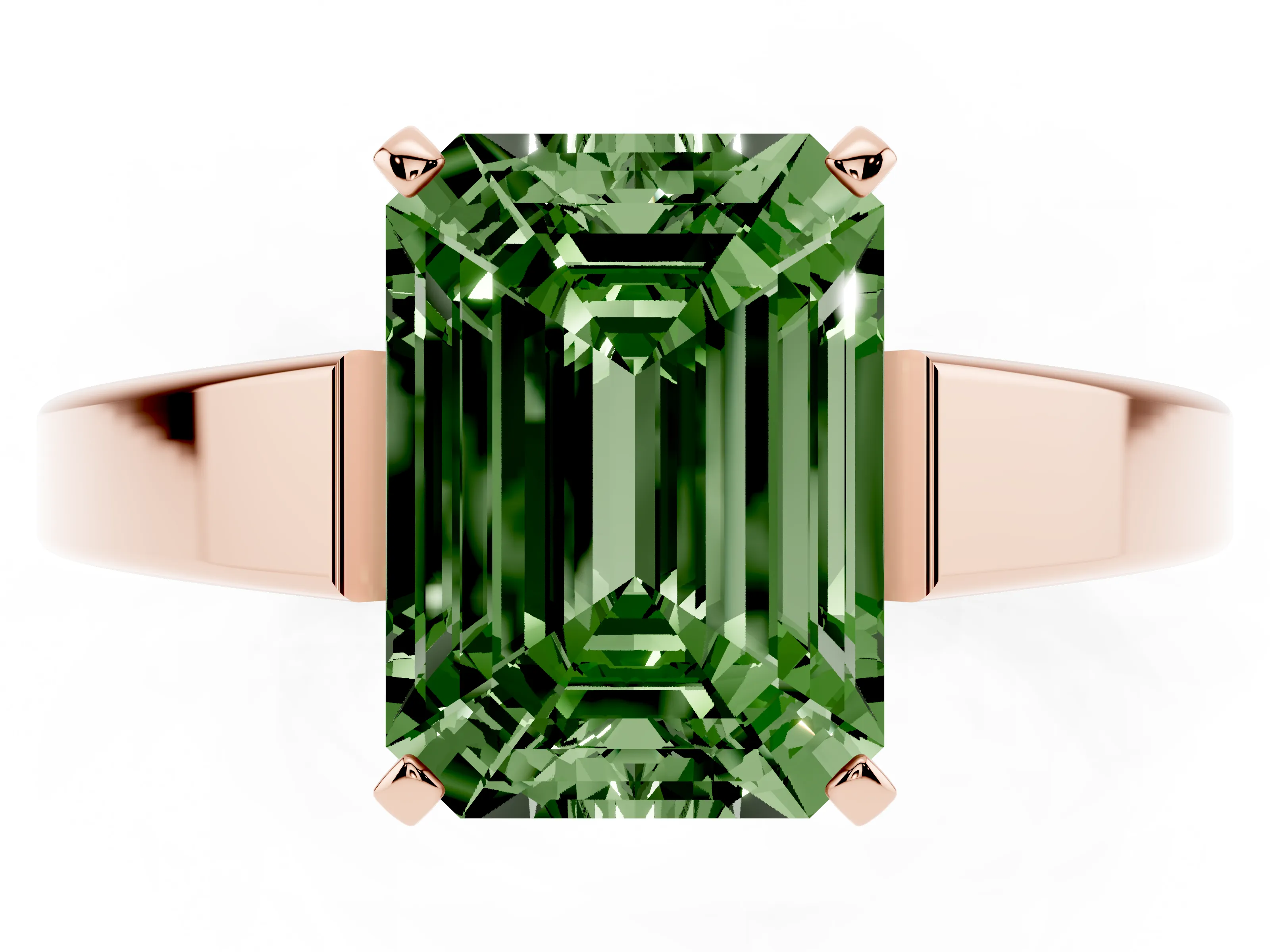 Fancy Green Emerald Cut Diamond Solitaire Engagement Ring Set in Rose gold with Prong Setting and Tapered Band