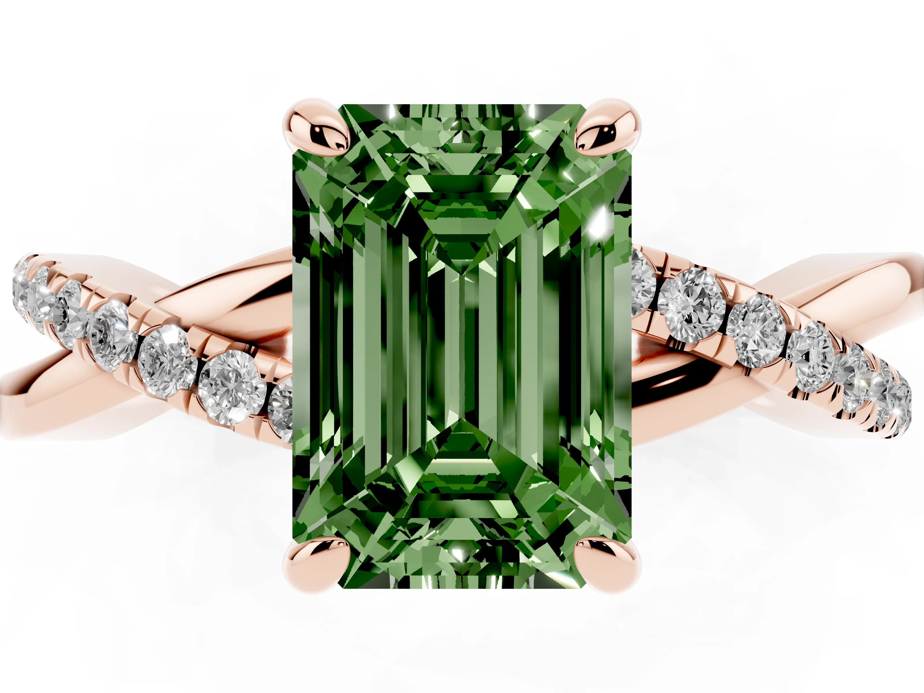 Fancy Green Emerald Cut Diamond Twist Band Pavé Solitaire Ring Set in Rose gold with Prong Setting