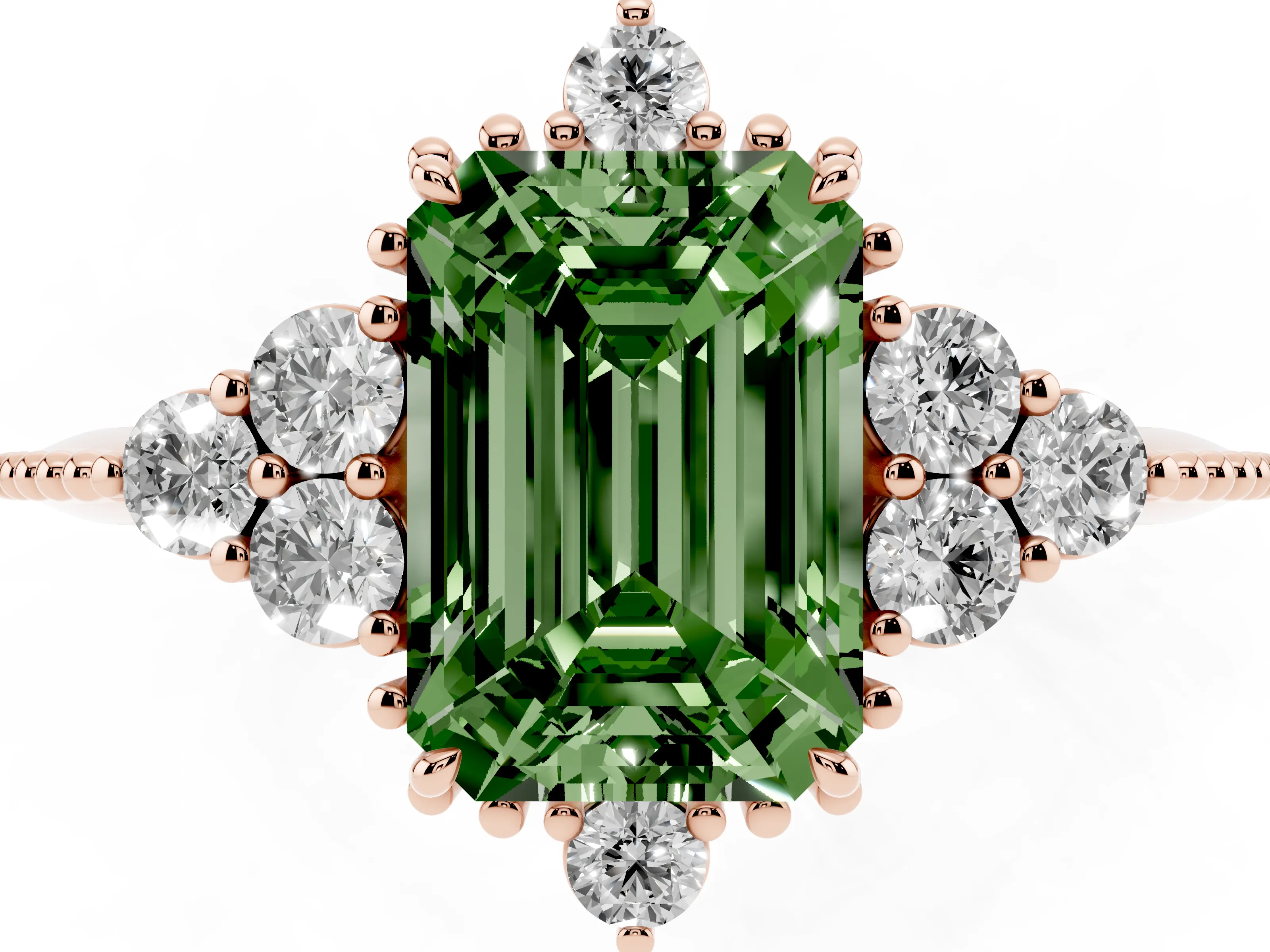 Fancy Green Emerald Cut Diamond Cluster Ring Set in Rose gold with Beaded Band