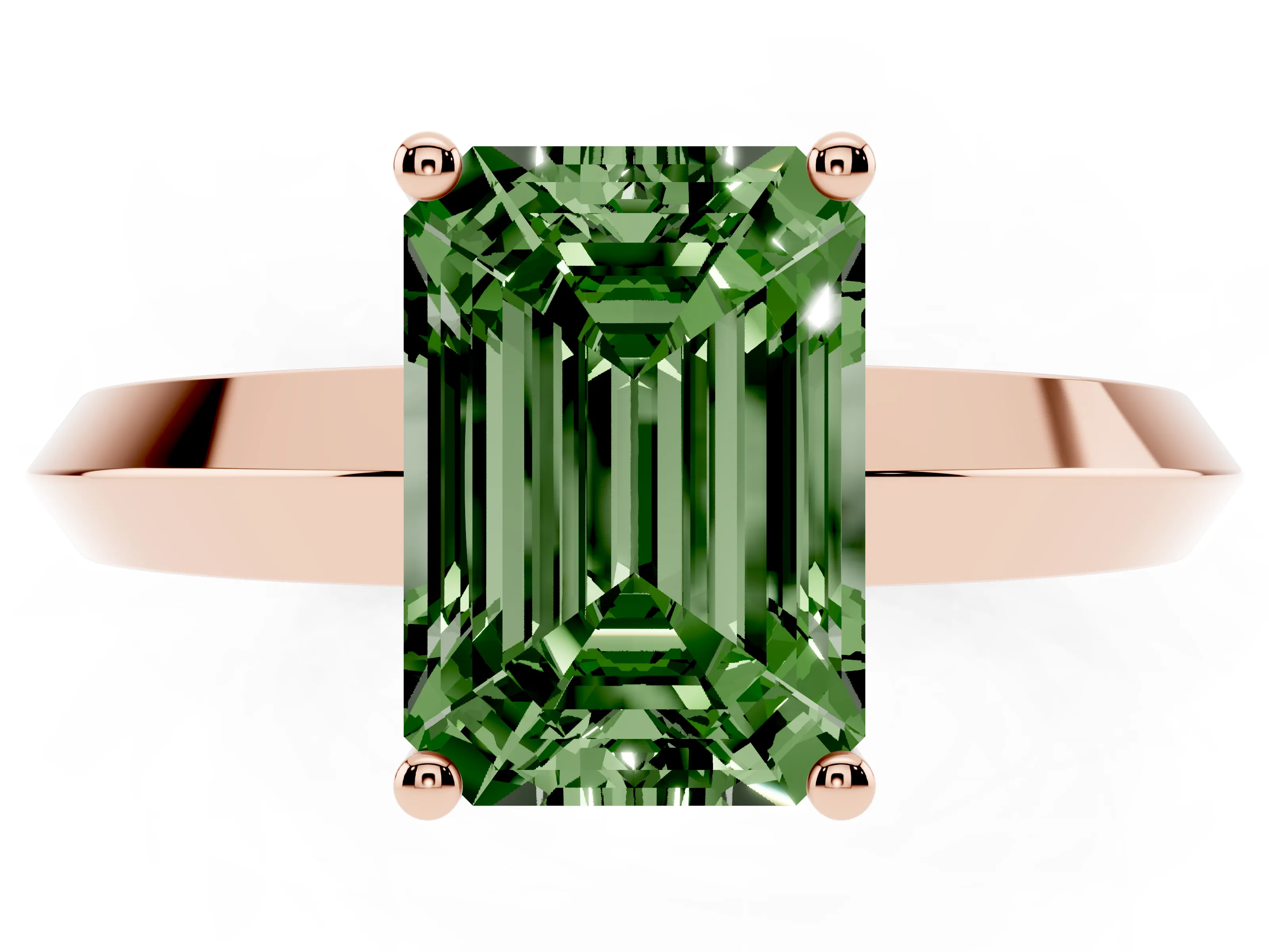Fancy Green Emerald Cut Diamond Solitaire Engagement Ring Set in Rose gold with Flat Band and Prong Setting