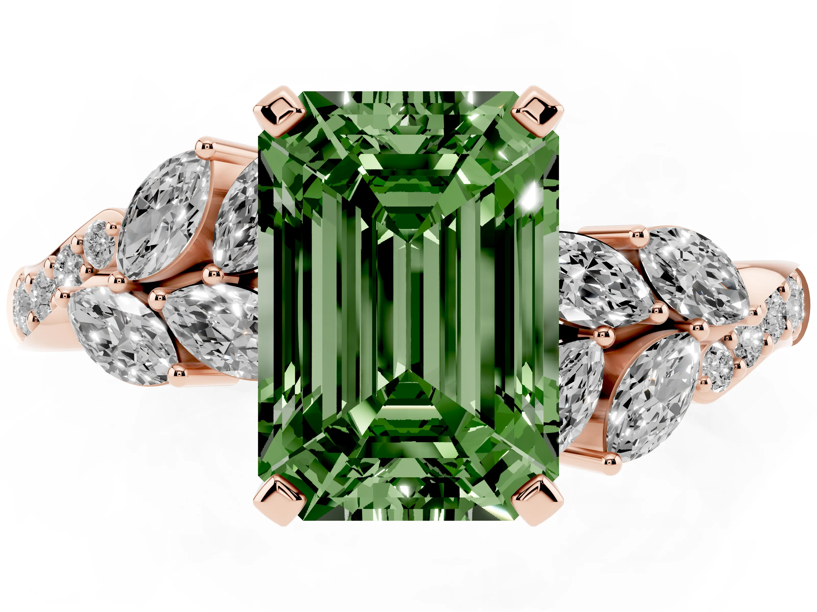 Fancy Green Emerald Cut Diamond Solitaire Ring Set in Rose gold with Marquise Twist Band and Prong Setting