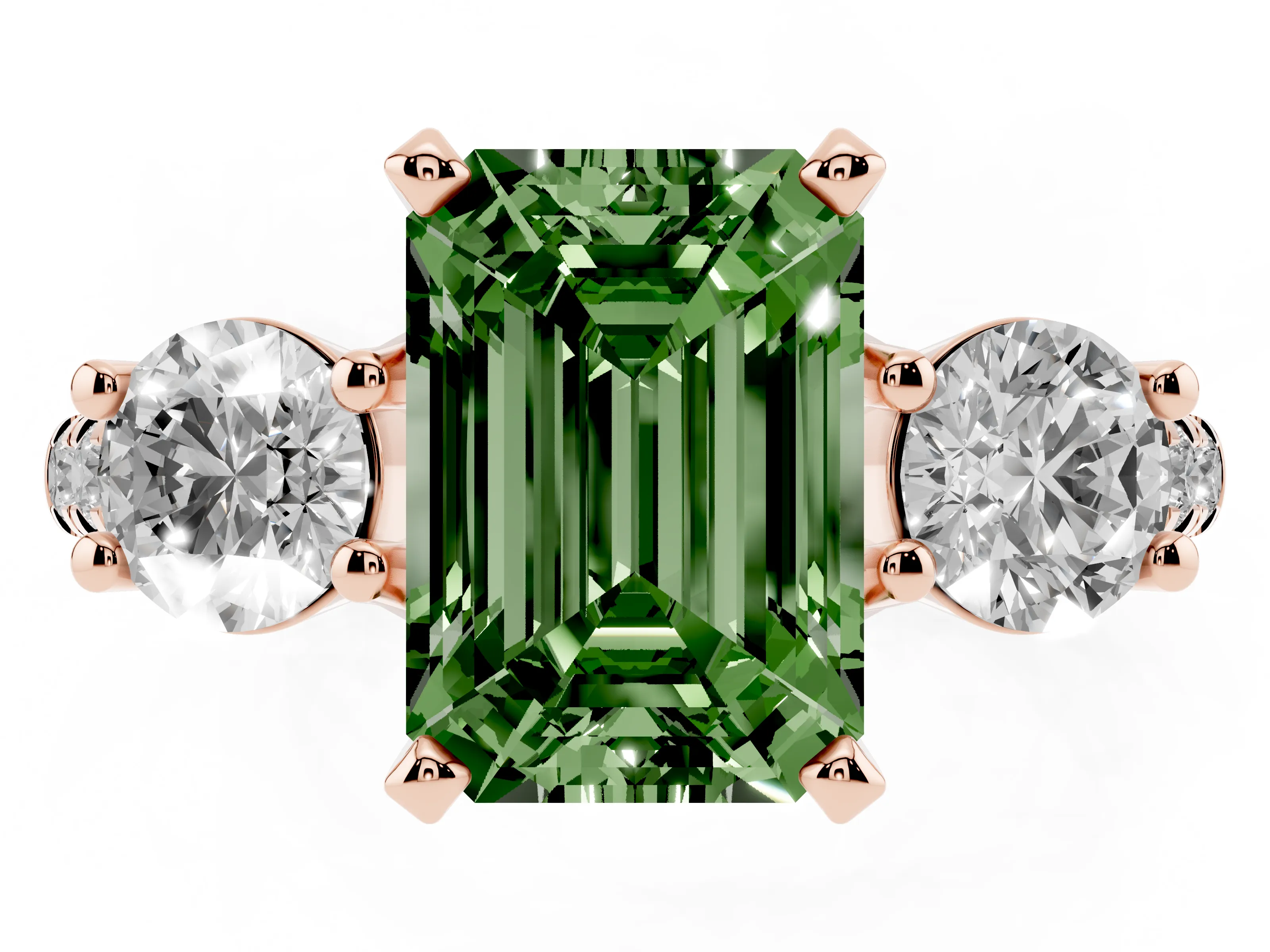 Fancy Green Three-Stone Emerald Cut Diamond Pavé Band Ring Set in Rose gold with Prong-Set Trio