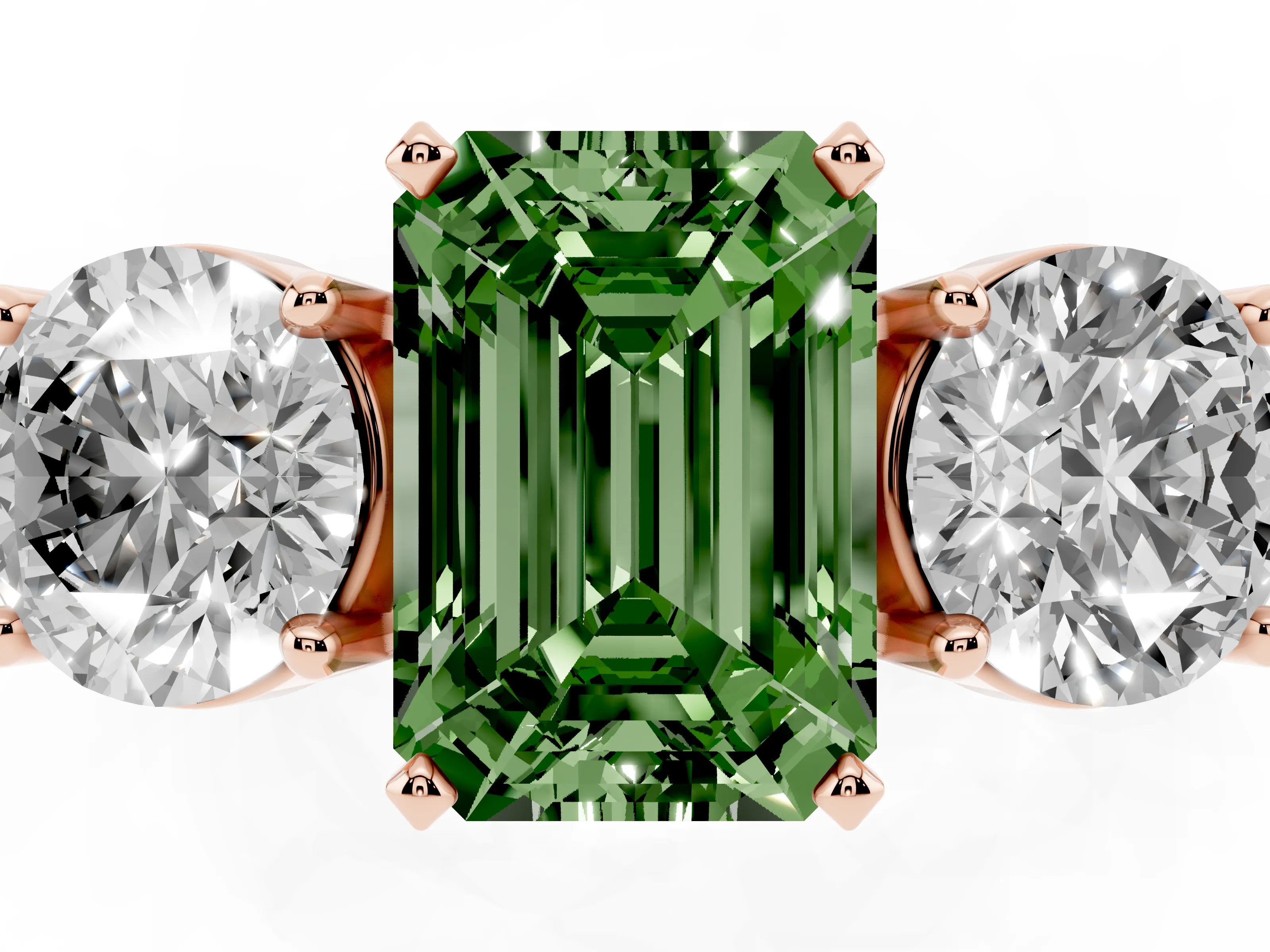 Fancy Green Emerald Cut Diamond Three-Stone Ring Set in Rose gold with Round Side Stones and Classic Band