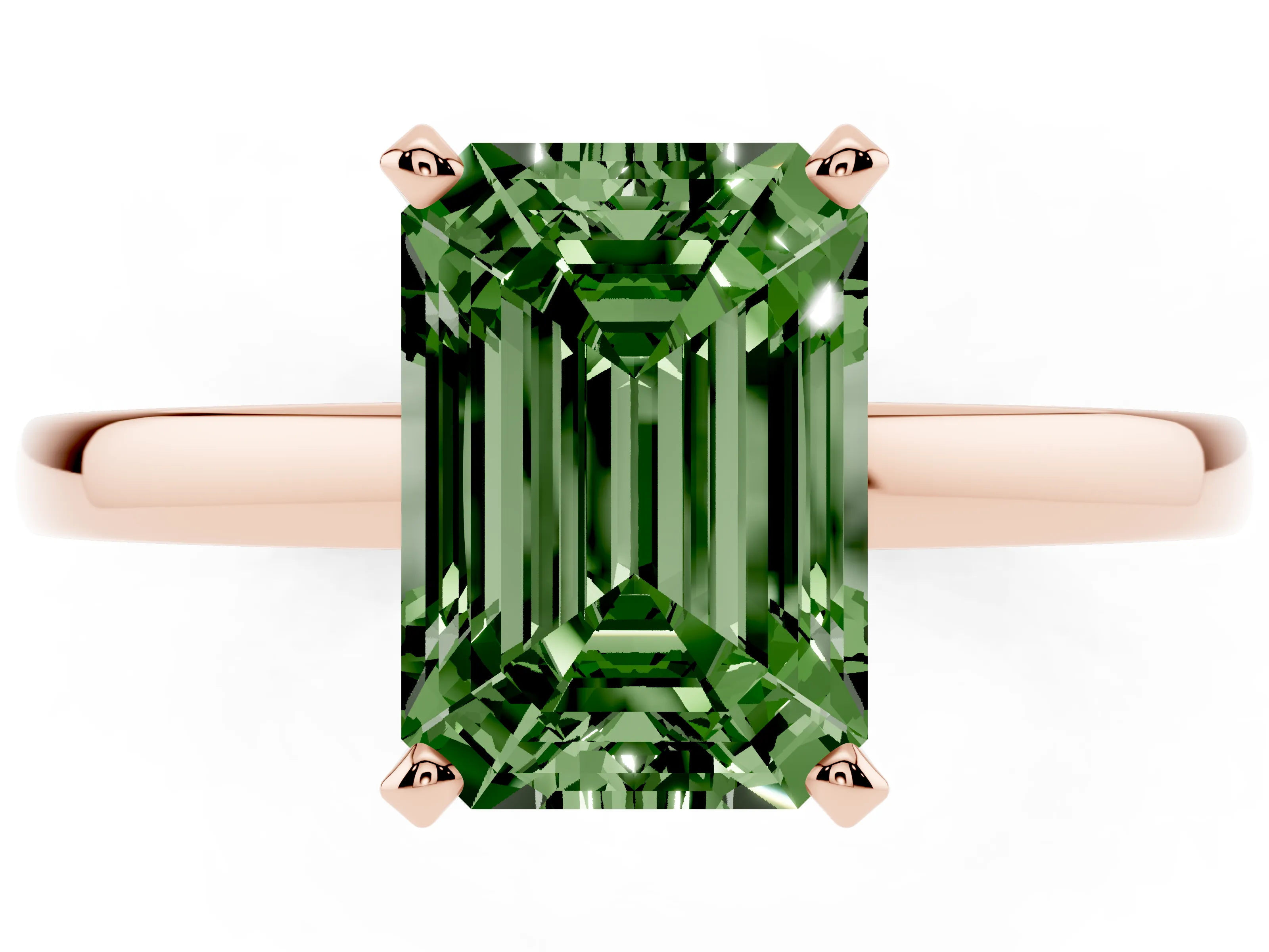 Fancy Green Emerald Cut Diamond Solitaire Engagement Ring Set in Rose gold with Prong Setting on a Classic Band