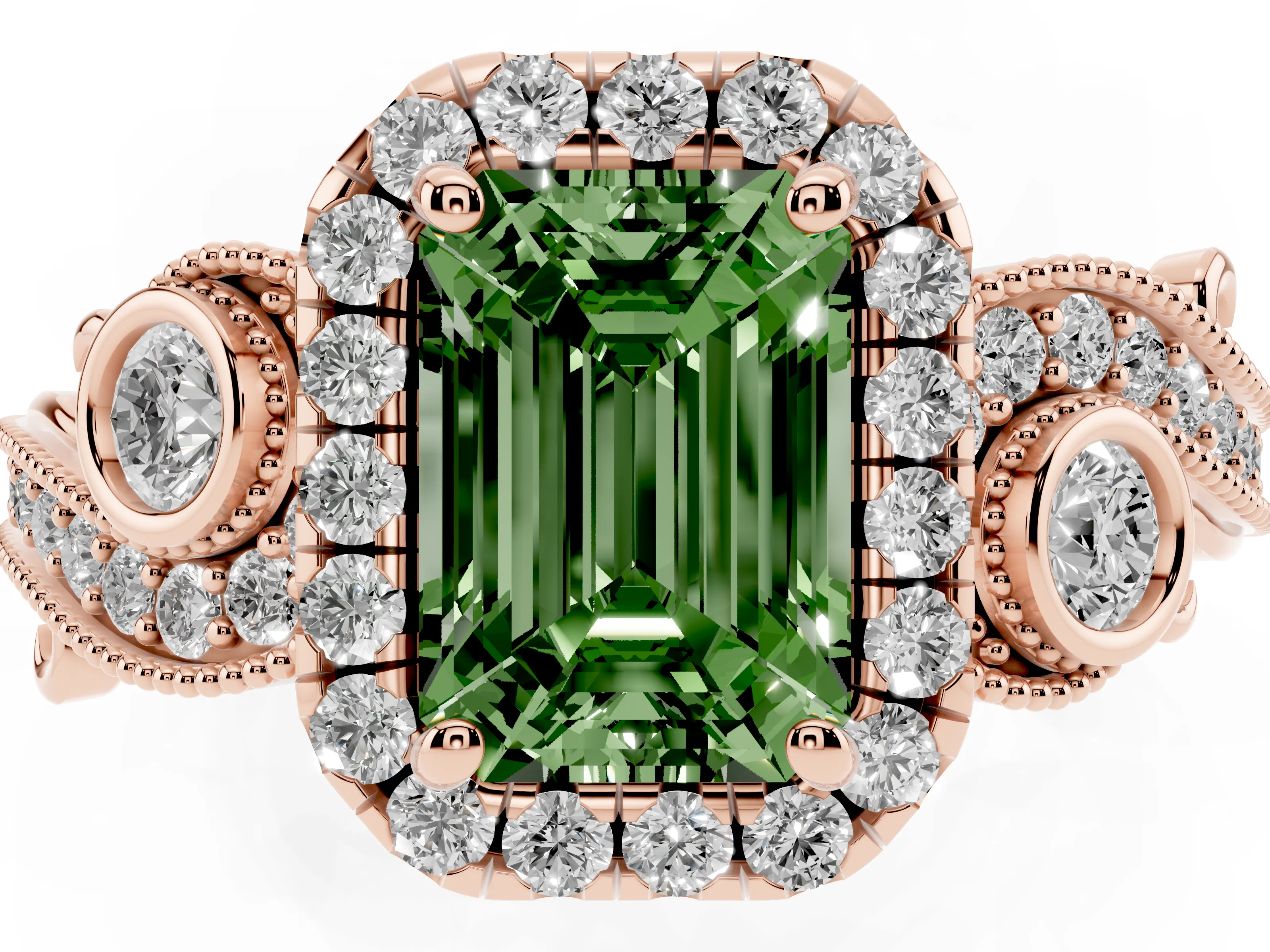 Fancy Green Emerald Cut Diamond Halo Ring Set in Rose gold with Milgrain Pavé Band and Prong Setting