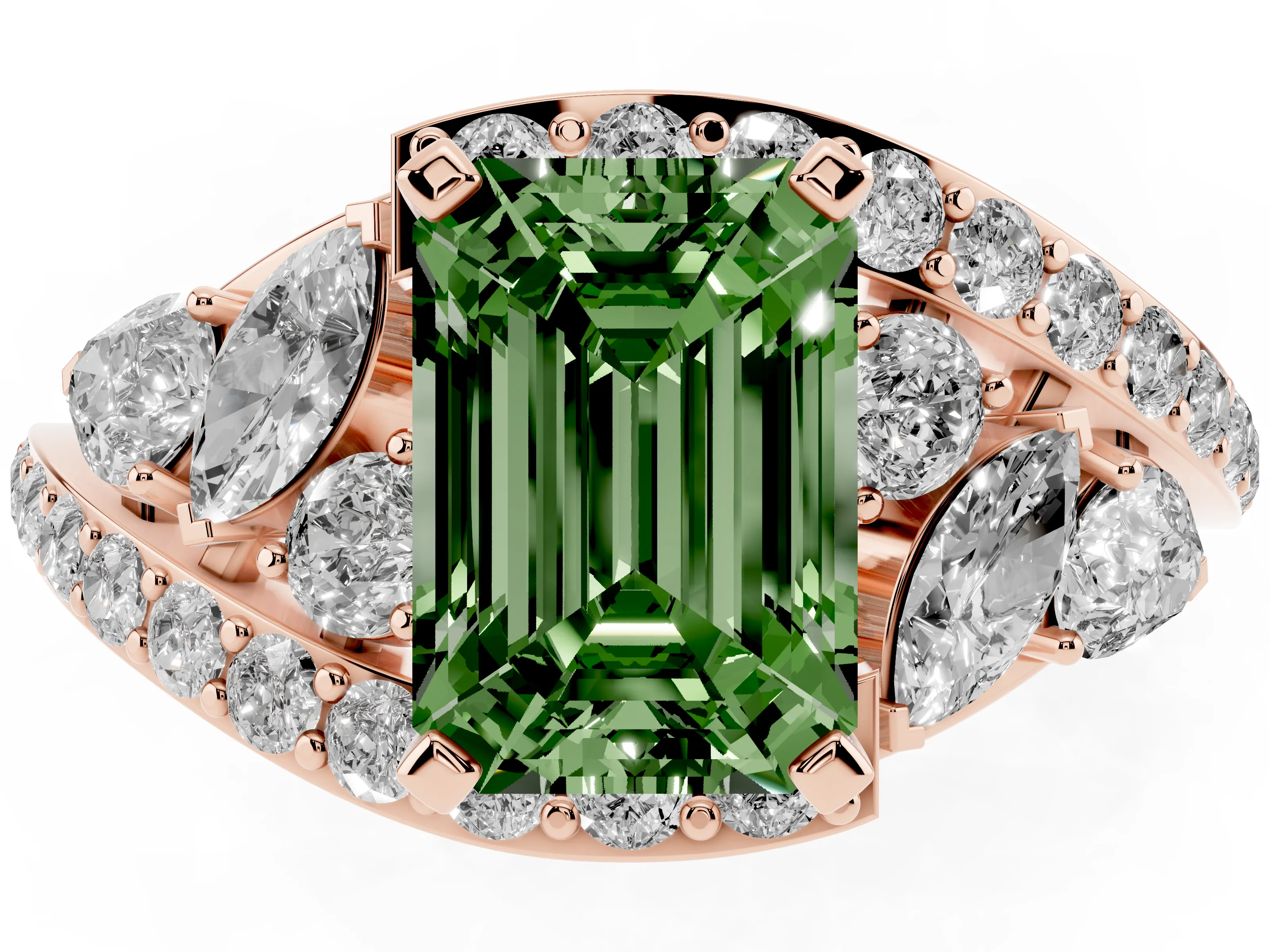 Fancy Green Emerald Cut Diamond Halo Ring Set in Rose gold with Marquise and Pavé Band in Prong Setting