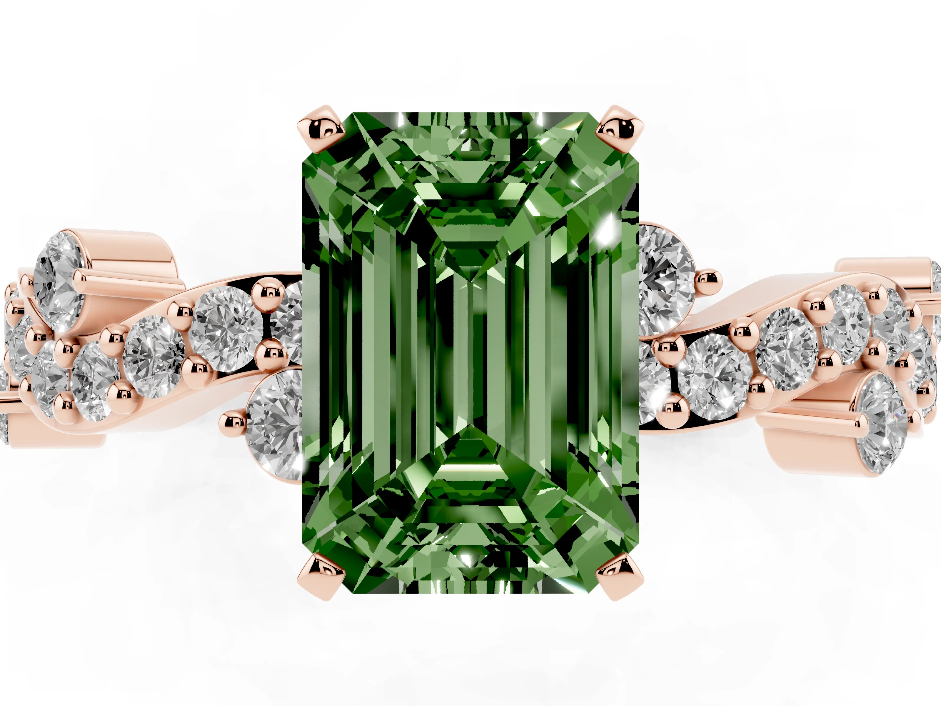 Fancy Green Emerald Cut Diamond Solitaire Twisted Band Set in Rose gold with Pavé Setting