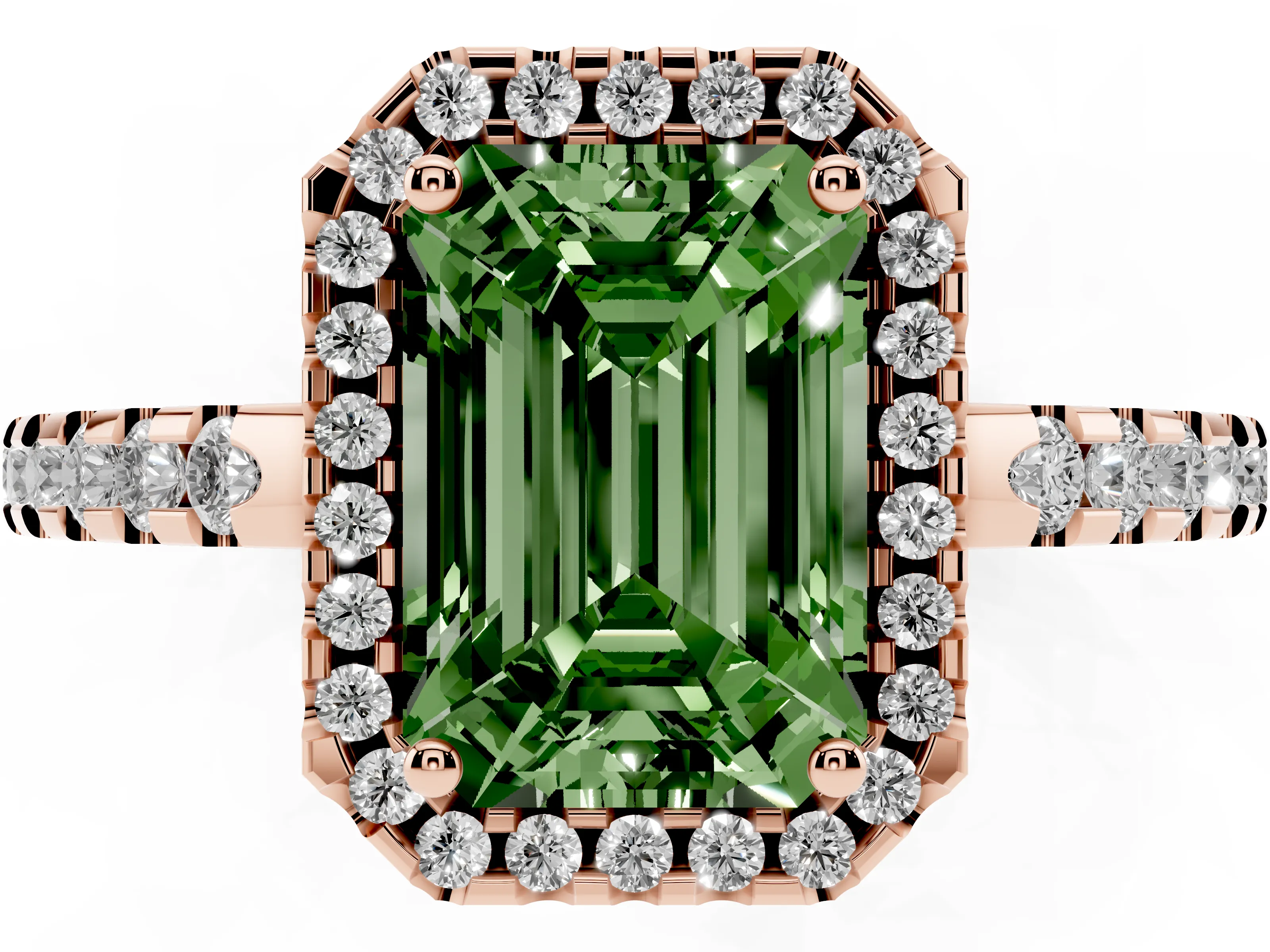 Fancy Green Emerald Cut Diamond Halo Ring Set in Rose gold with Pavé Shoulders and Halo-Framed Center