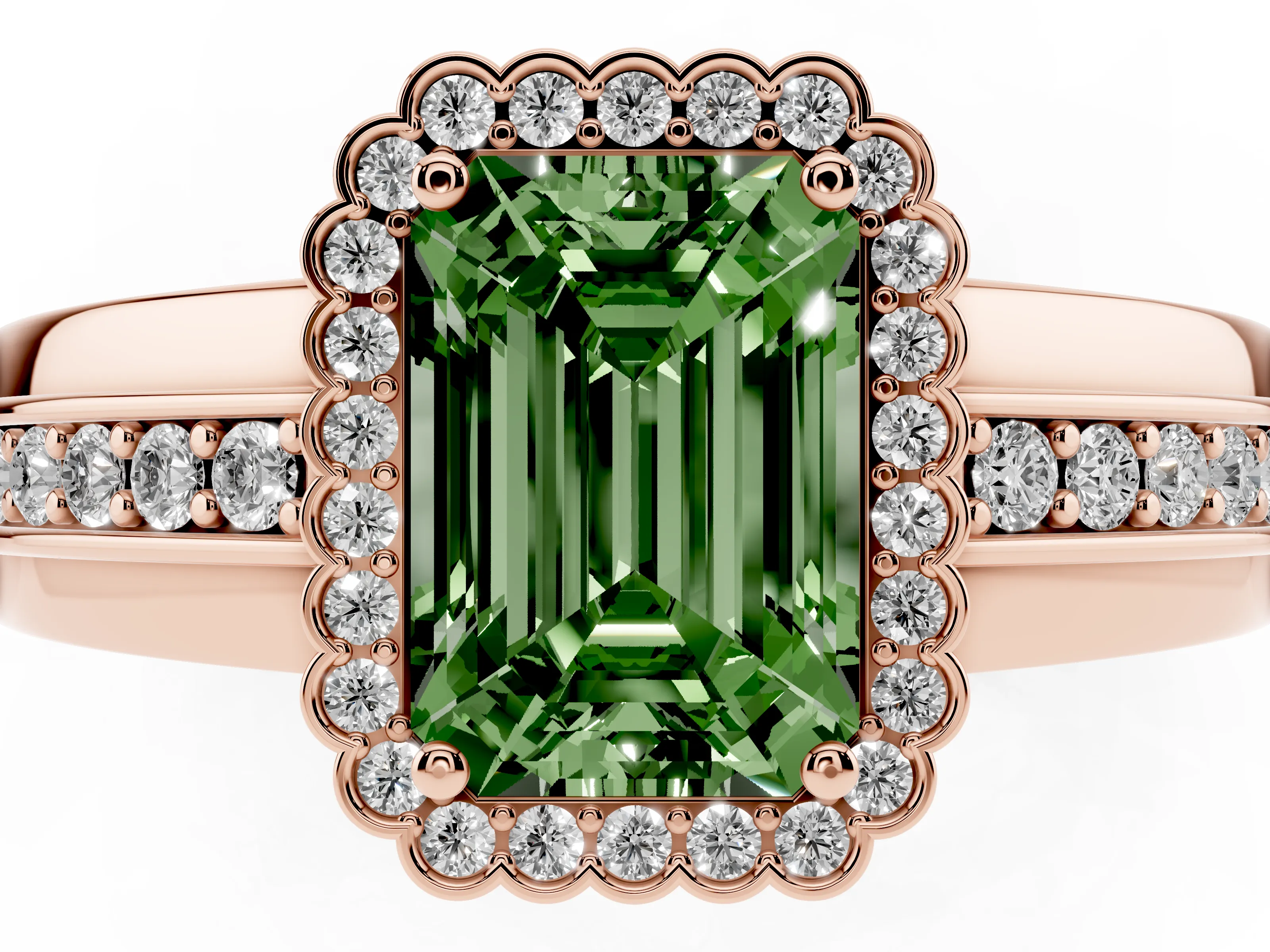 Fancy Green Emerald Cut Diamond Halo Prong Ring Set in Rose gold with Pavé Band