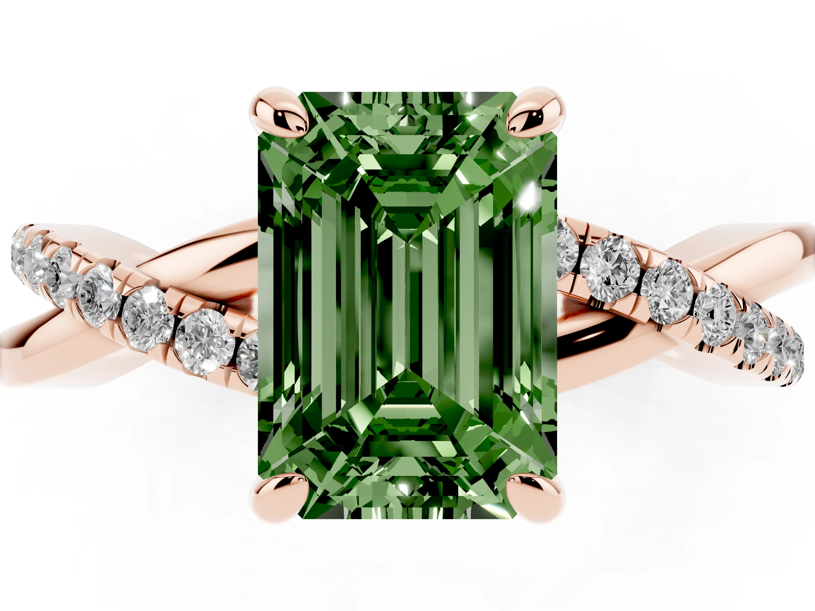 Fancy Green Emerald Cut Diamond Twist Band Solitaire Set in Rose gold with Pavé Accents and Prong Setting