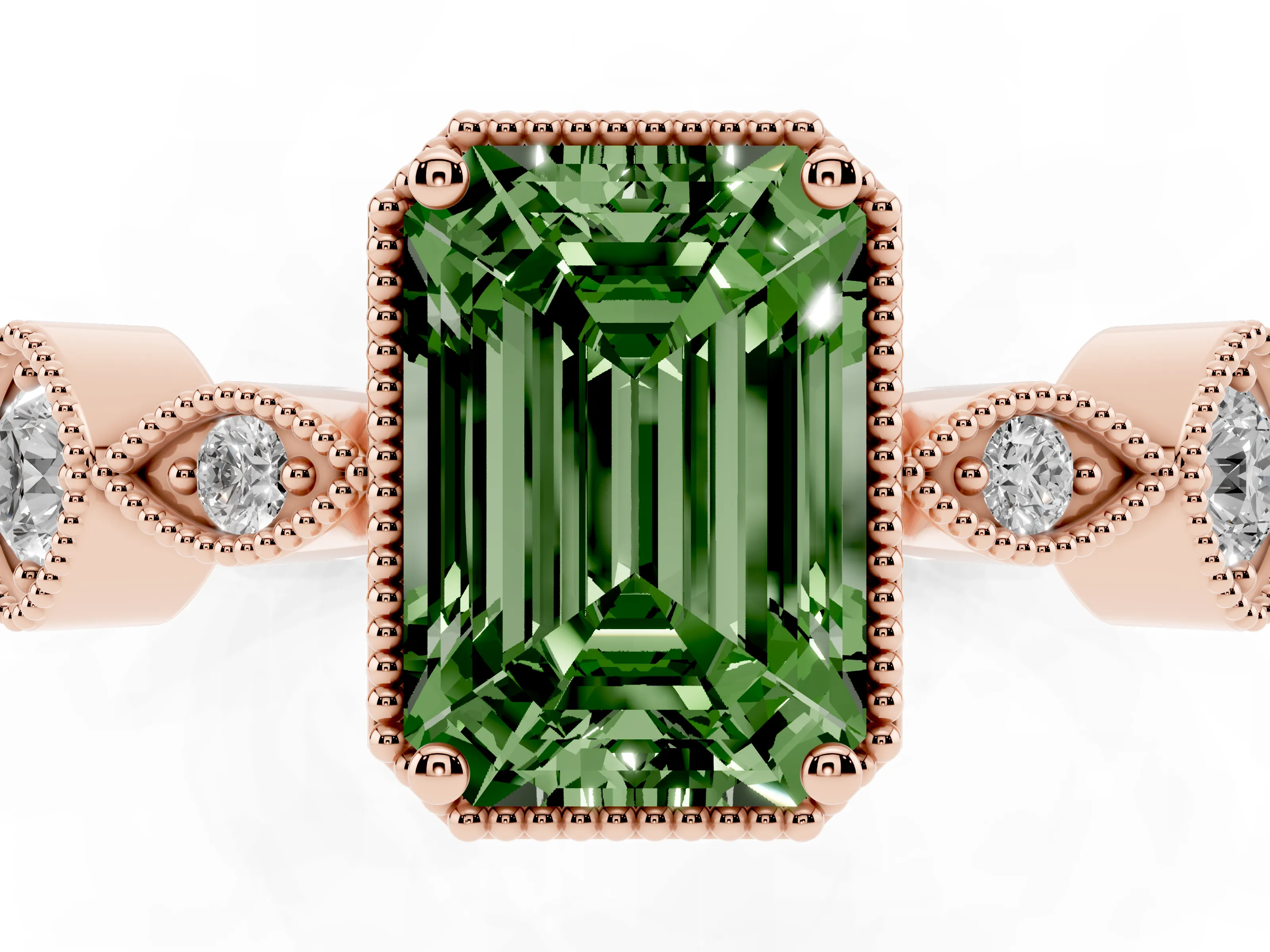 Fancy Green Emerald Cut Diamond Vintage-Inspired Milgrain Ring Set in Rose gold with Marquise Stations of Round Accents