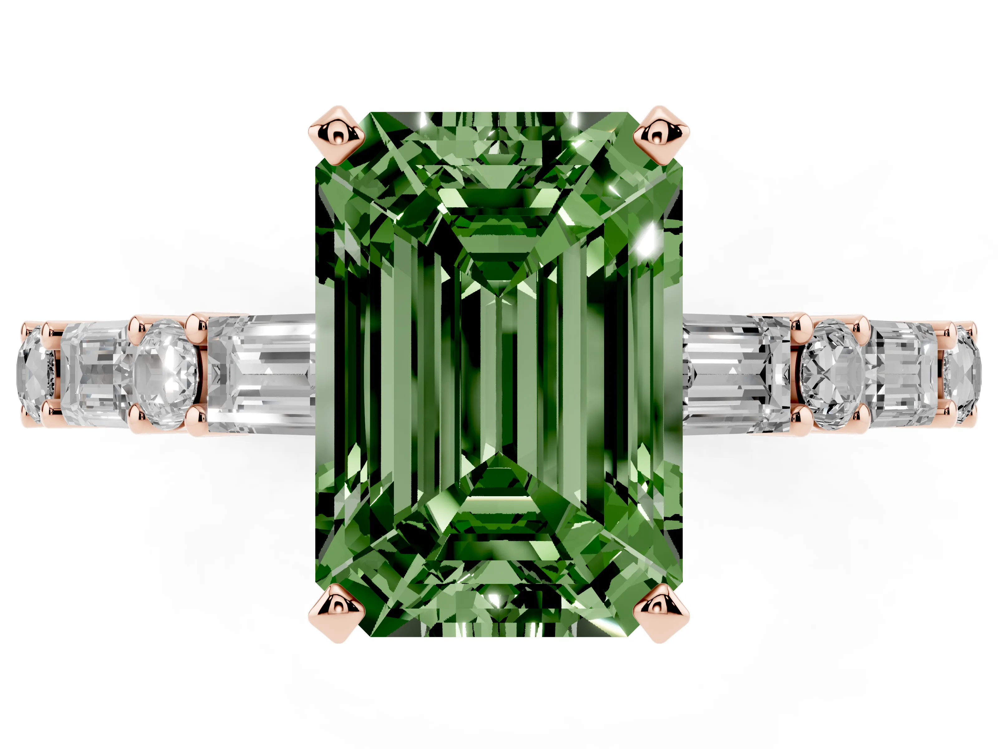 Fancy Green Emerald Cut Diamond Solitaire Set in Rose gold with Side Baguettes and Channel Set Band