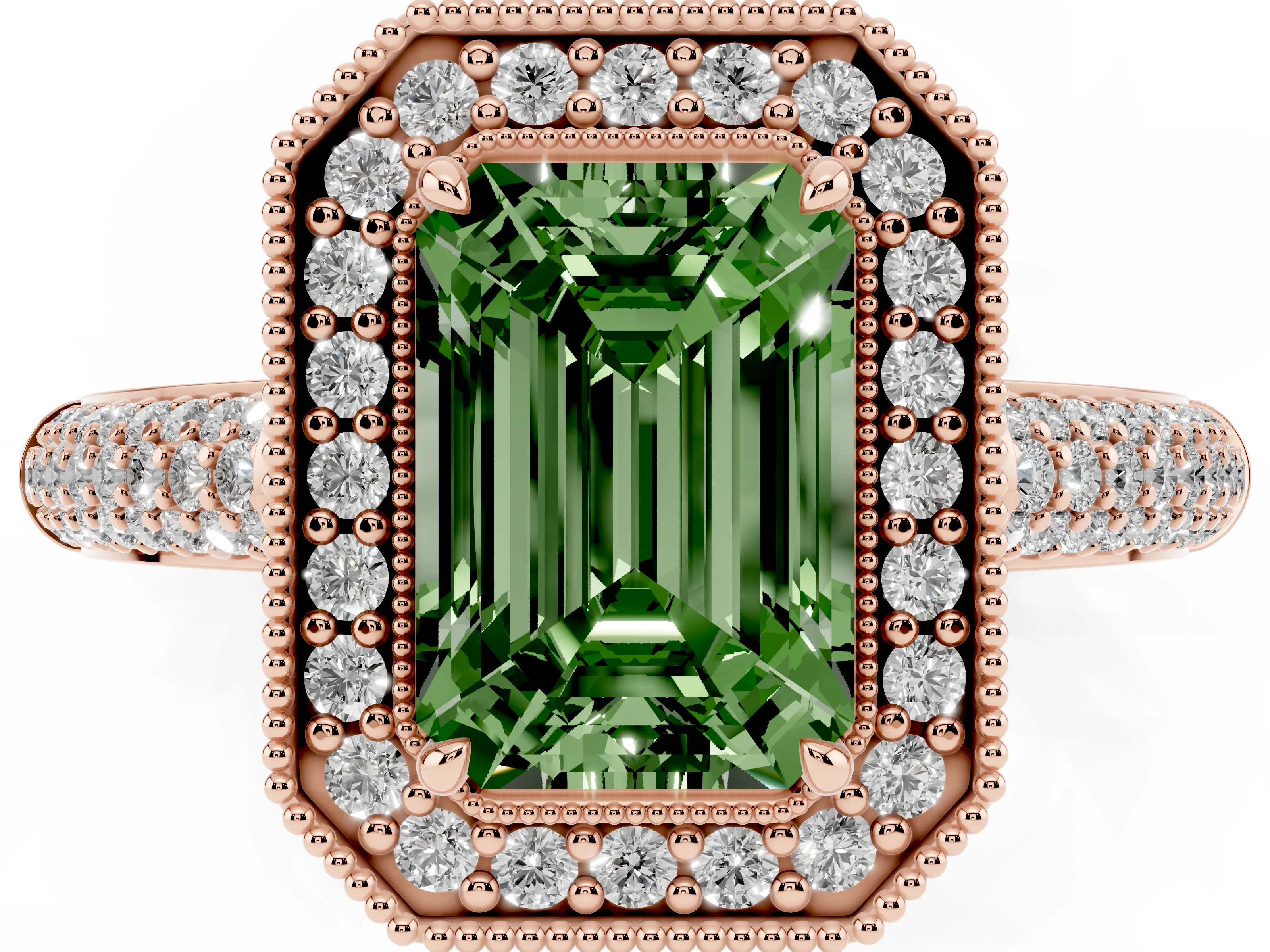 Fancy Green Emerald Cut Diamond Halo Pavé Band Set in Rose gold with Prong Setting