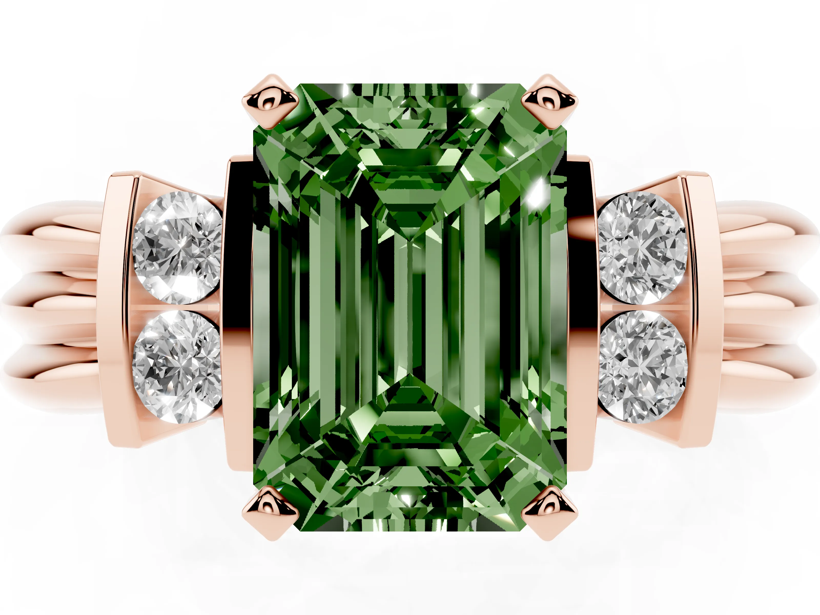 Fancy Green Three-Stone Emerald Cut Diamond Channel Set Ring Set in Rose gold with Bar Prongs