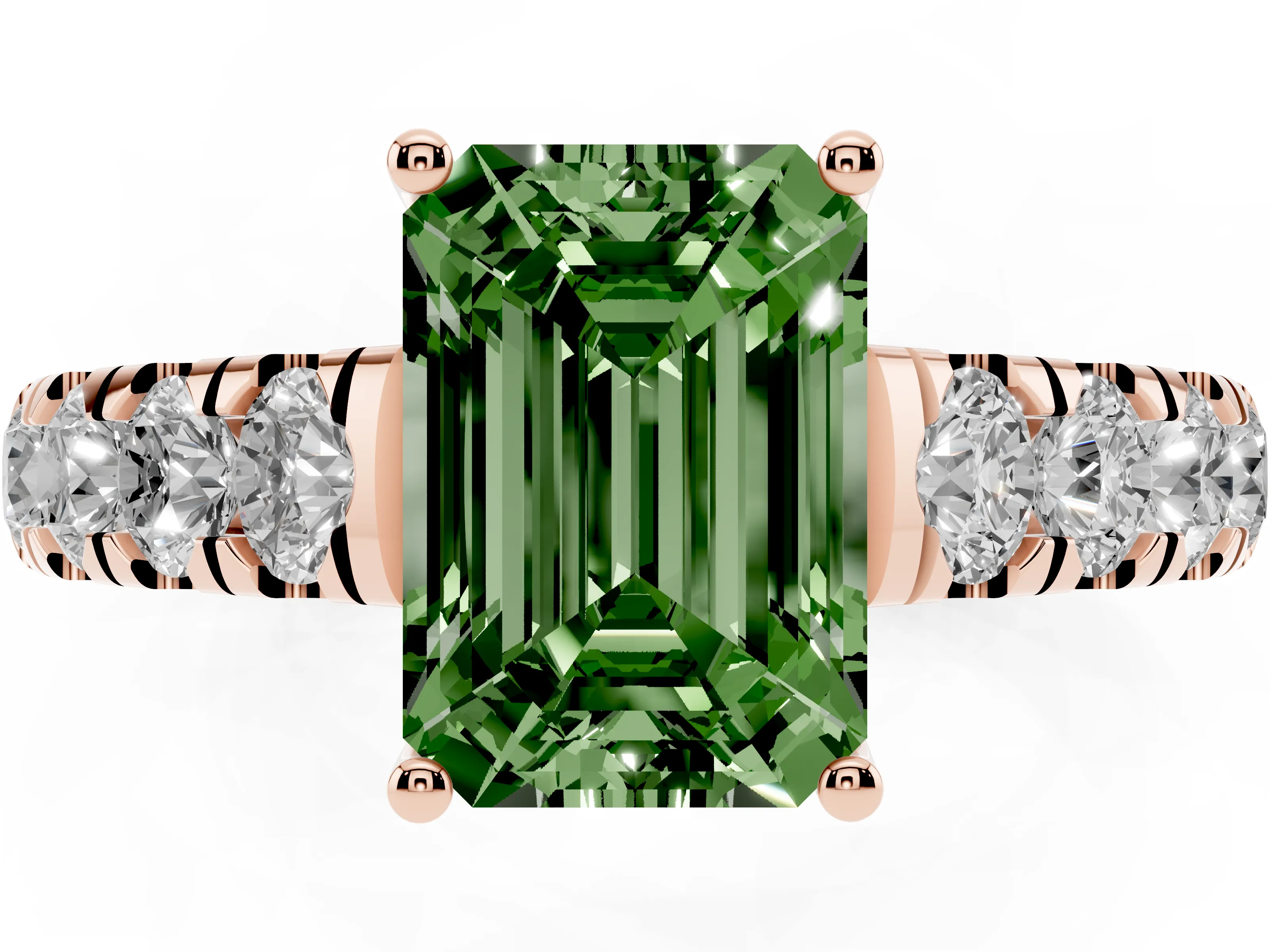 Fancy Green Emerald Cut Diamond Solitaire Ring Set in Rose gold with Cut-Down Micro Pavé Band and Prong Setting