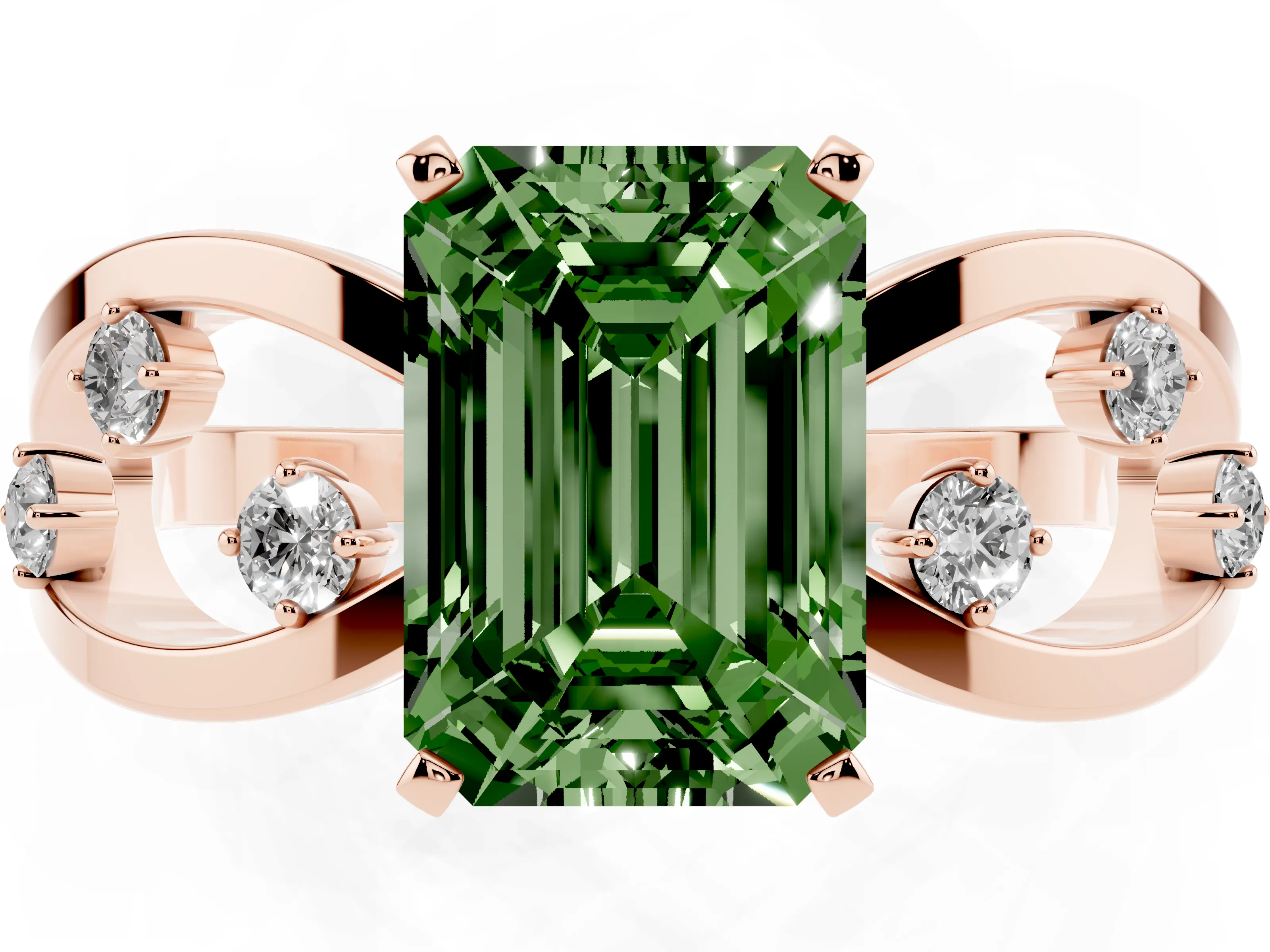 Fancy Green Emerald Cut Diamond Solitaire Ring Set in Rose gold with Side Stones on Criss-Cross Band and Prong Setting