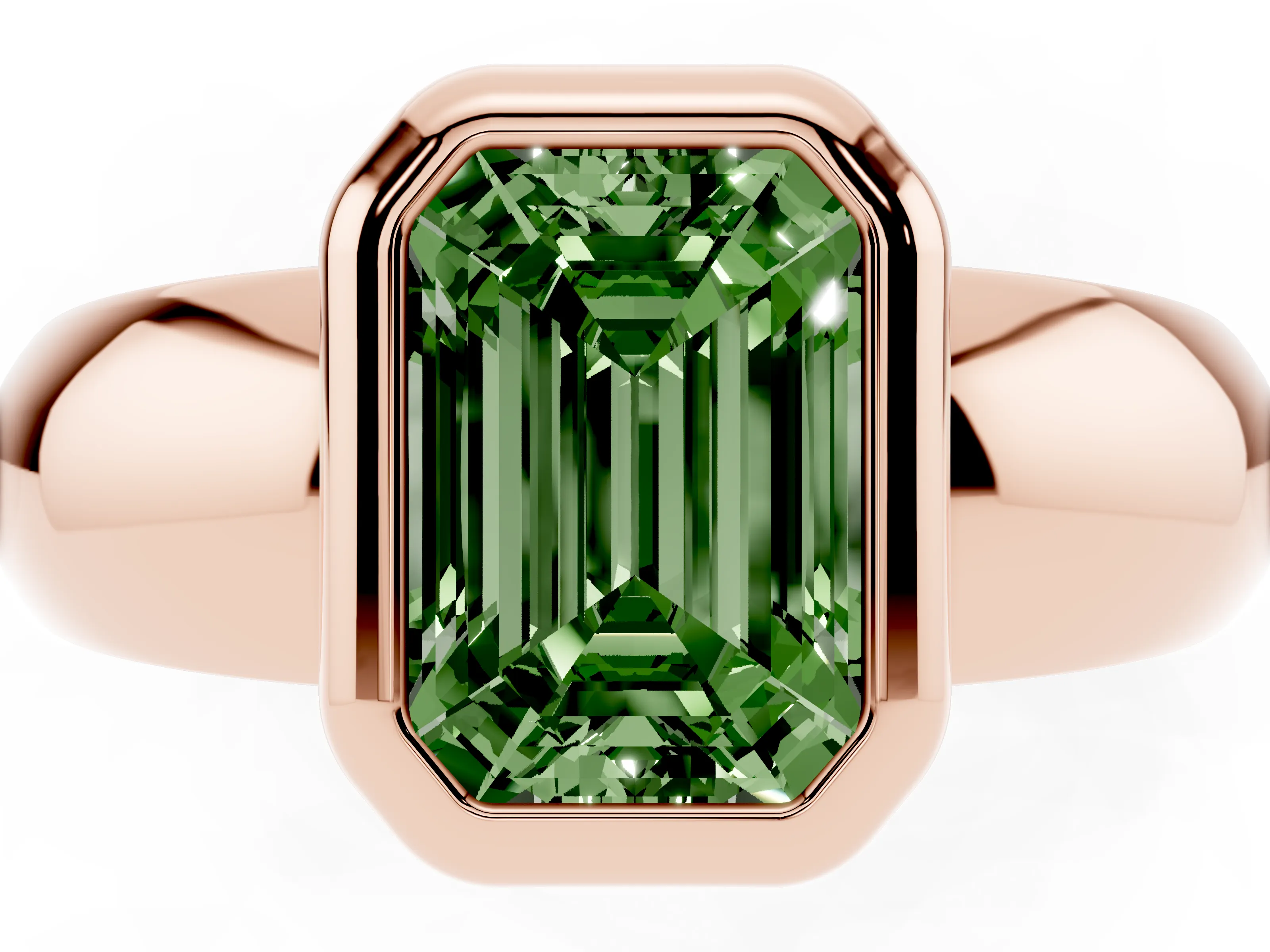Fancy Green Bezel Set Emerald Cut Diamond Solitaire Ring Set in Rose gold with Wide Band