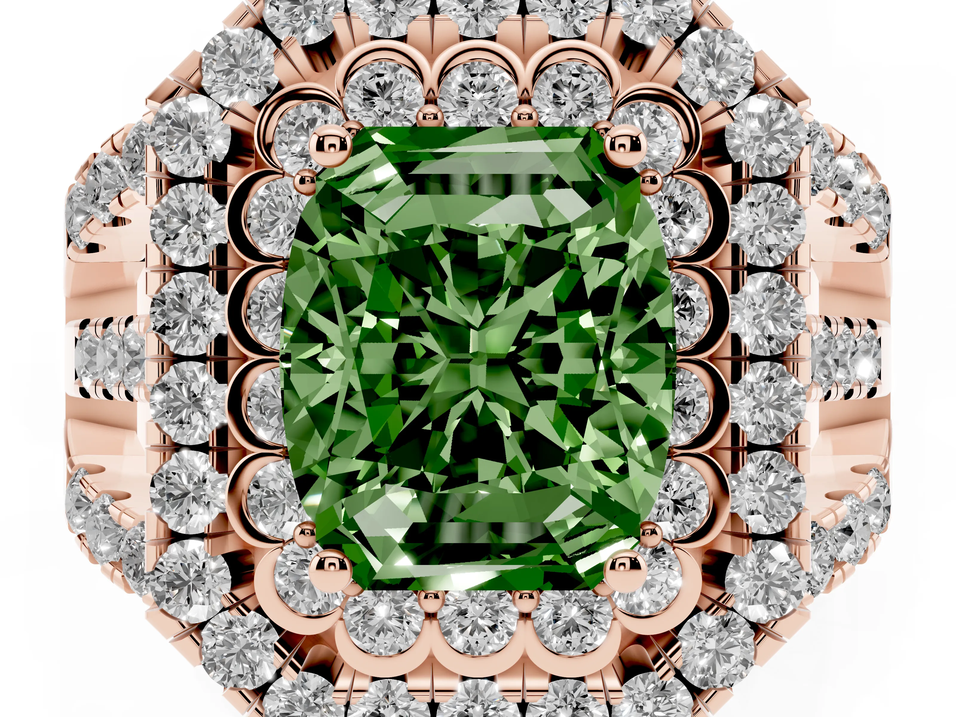 Fancy Green Emerald Cut Diamond Double Halo Ring Set in Rose gold with Round Pavé Split Shank