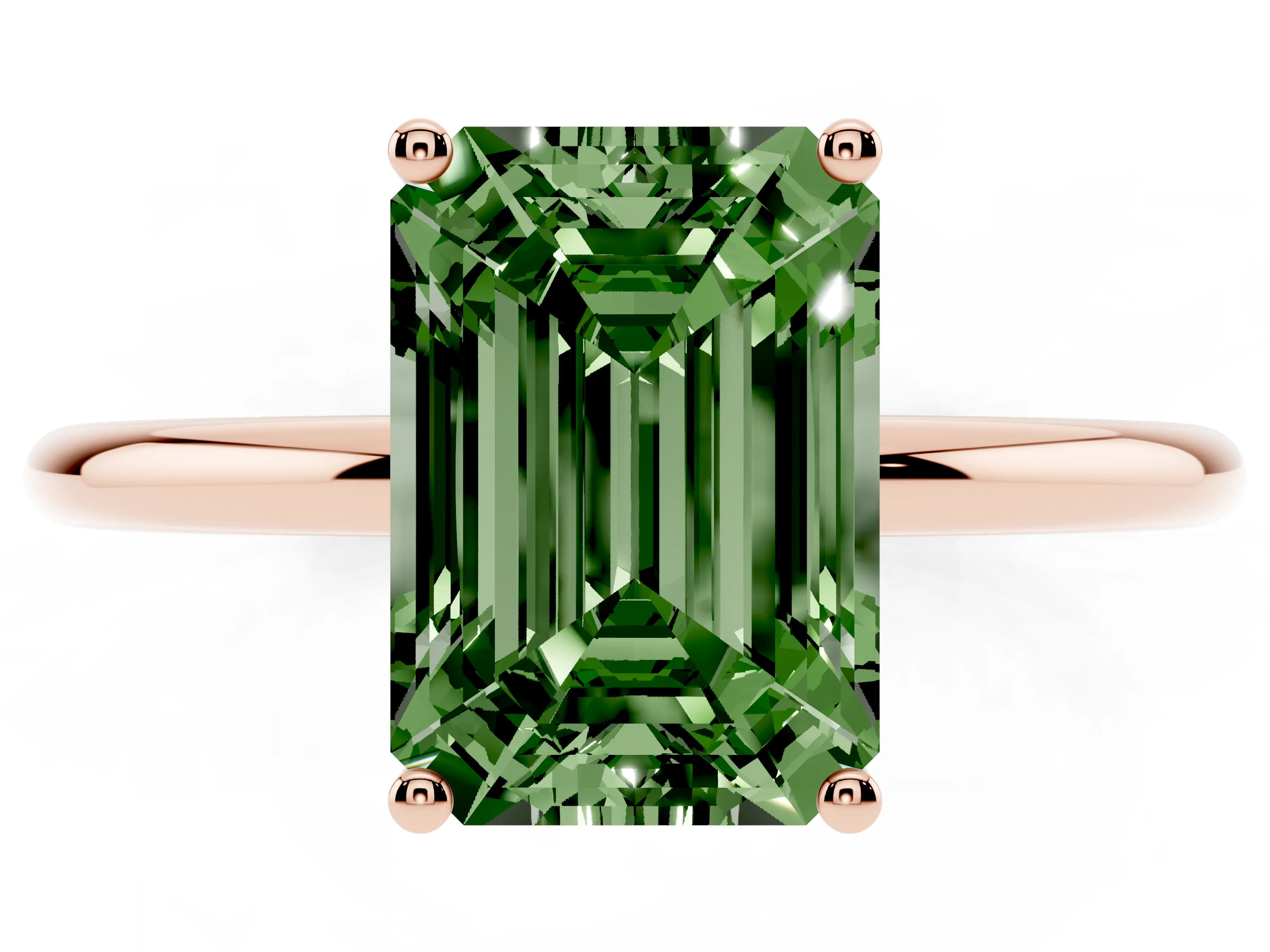 Fancy Green Emerald Cut Diamond Solitaire Engagement Ring Set in Rose gold with Thin Band and Prong Setting