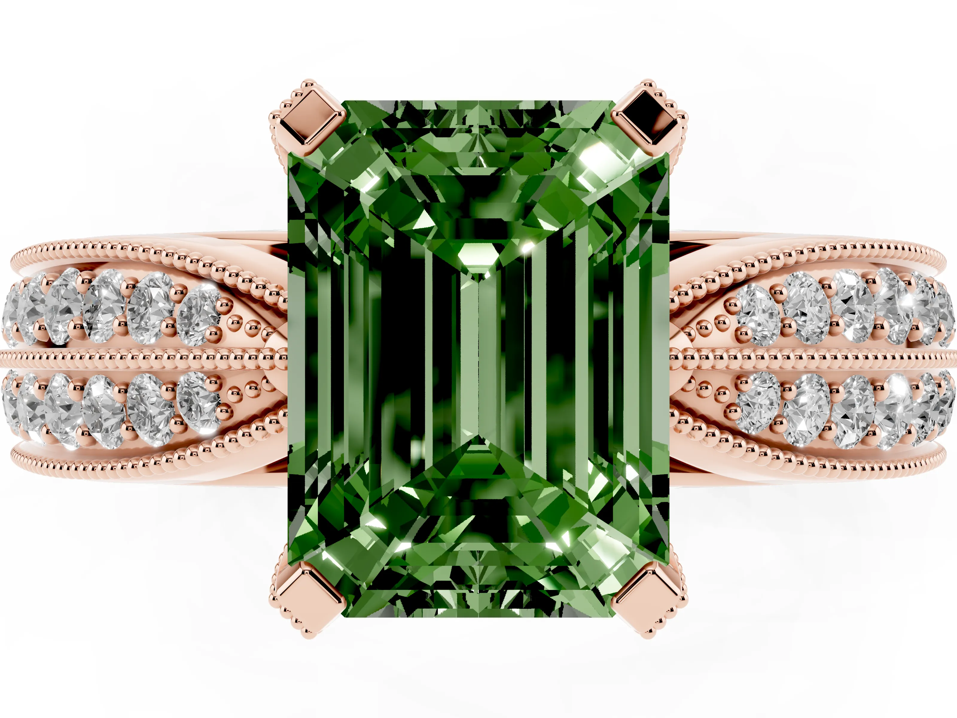 Fancy Green Emerald Cut Diamond Solitaire Ring Set in Rose gold with Milgrain Double Row Round Pavé Band
