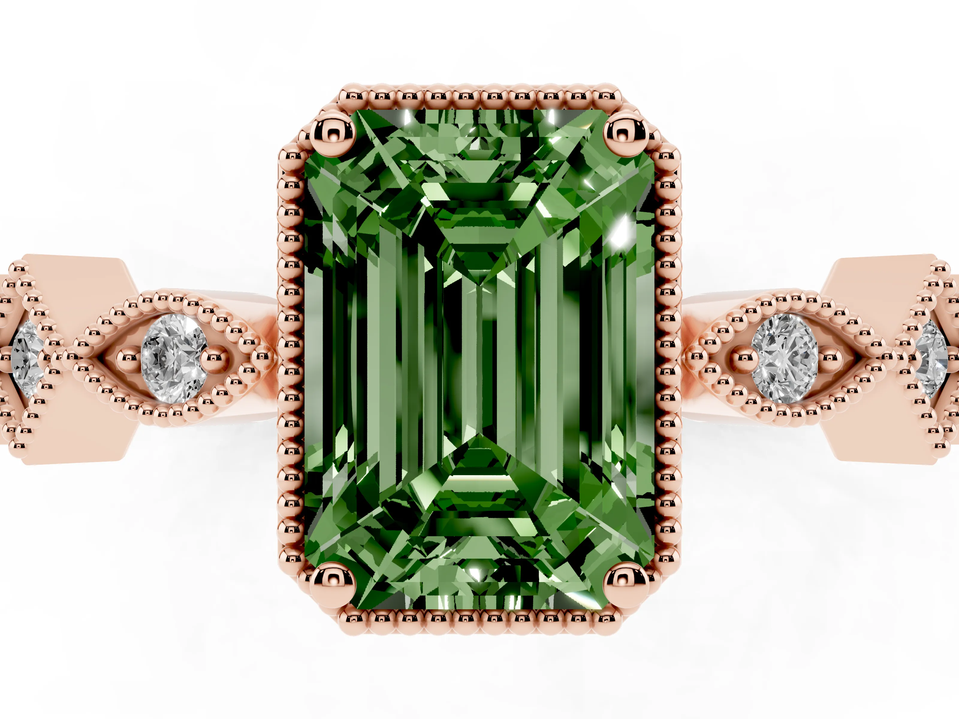 Fancy Green Emerald Cut Diamond Milgrain Marquise Twist Band Ring Set in Rose gold with Prong Setting