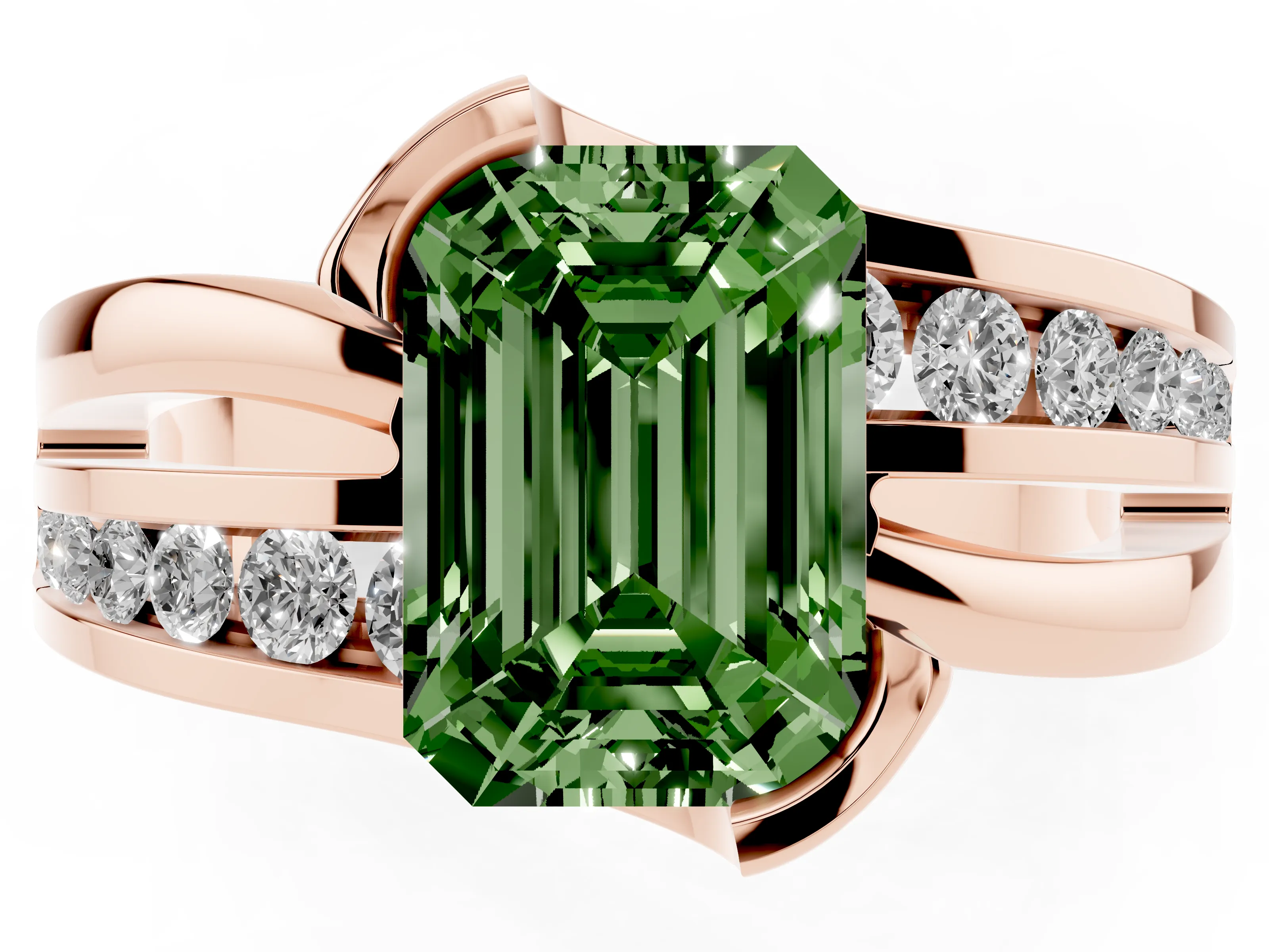 Fancy Green Emerald Cut Diamond Solitaire Ring Set in Rose gold with Channel Set Split Shank and Tension Prongs