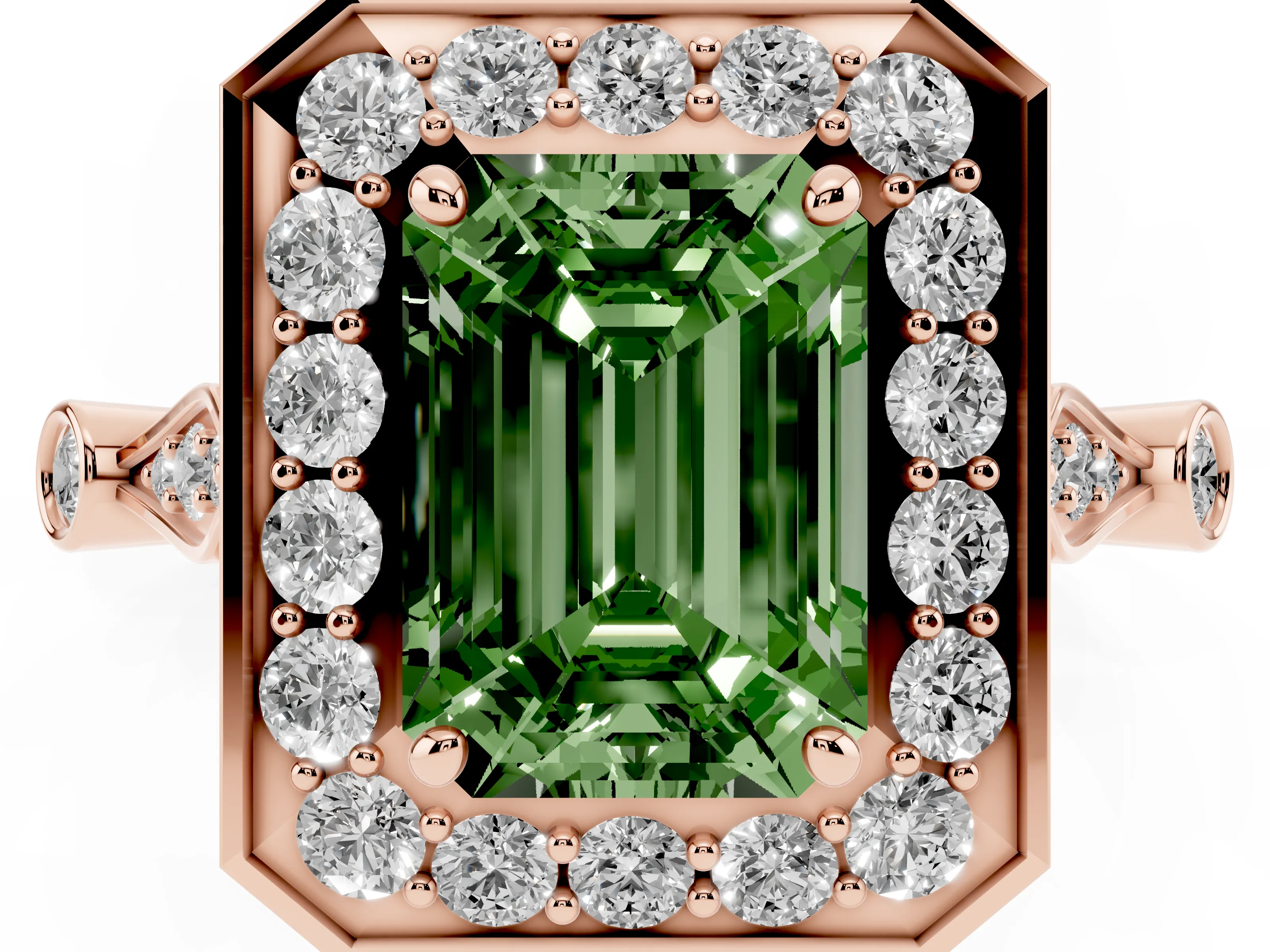 Fancy Green Emerald Cut Diamond Halo Engagement Ring Set in Rose gold with Twisted Band and Prong Setting