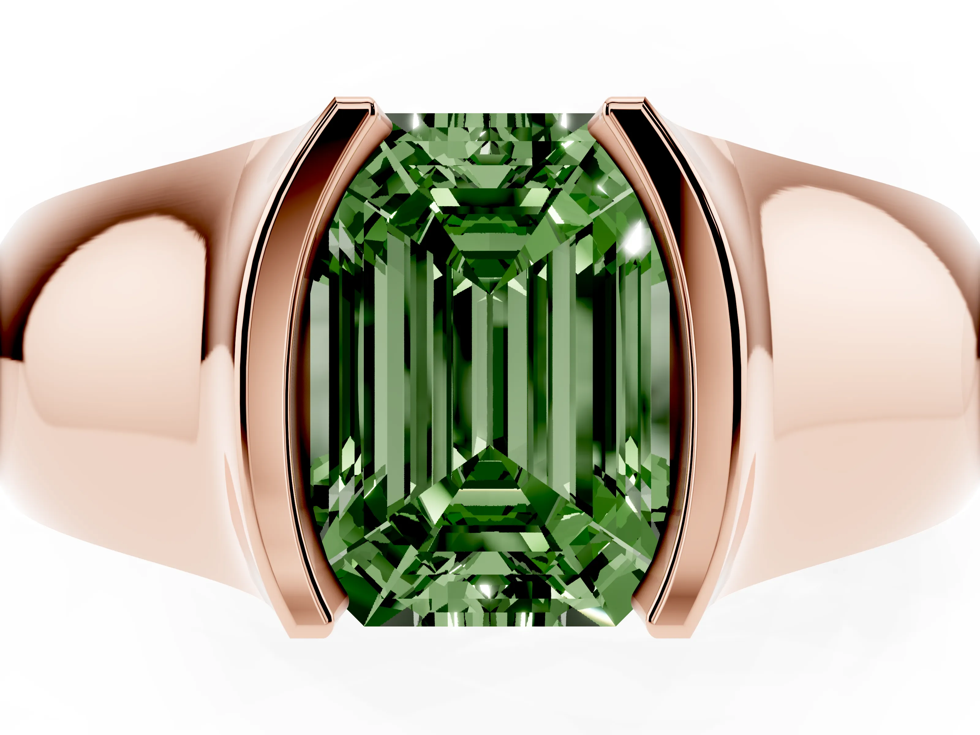 Fancy Green Emerald Cut Diamond Bezel Solitaire Ring Set in Rose gold with Wide Band