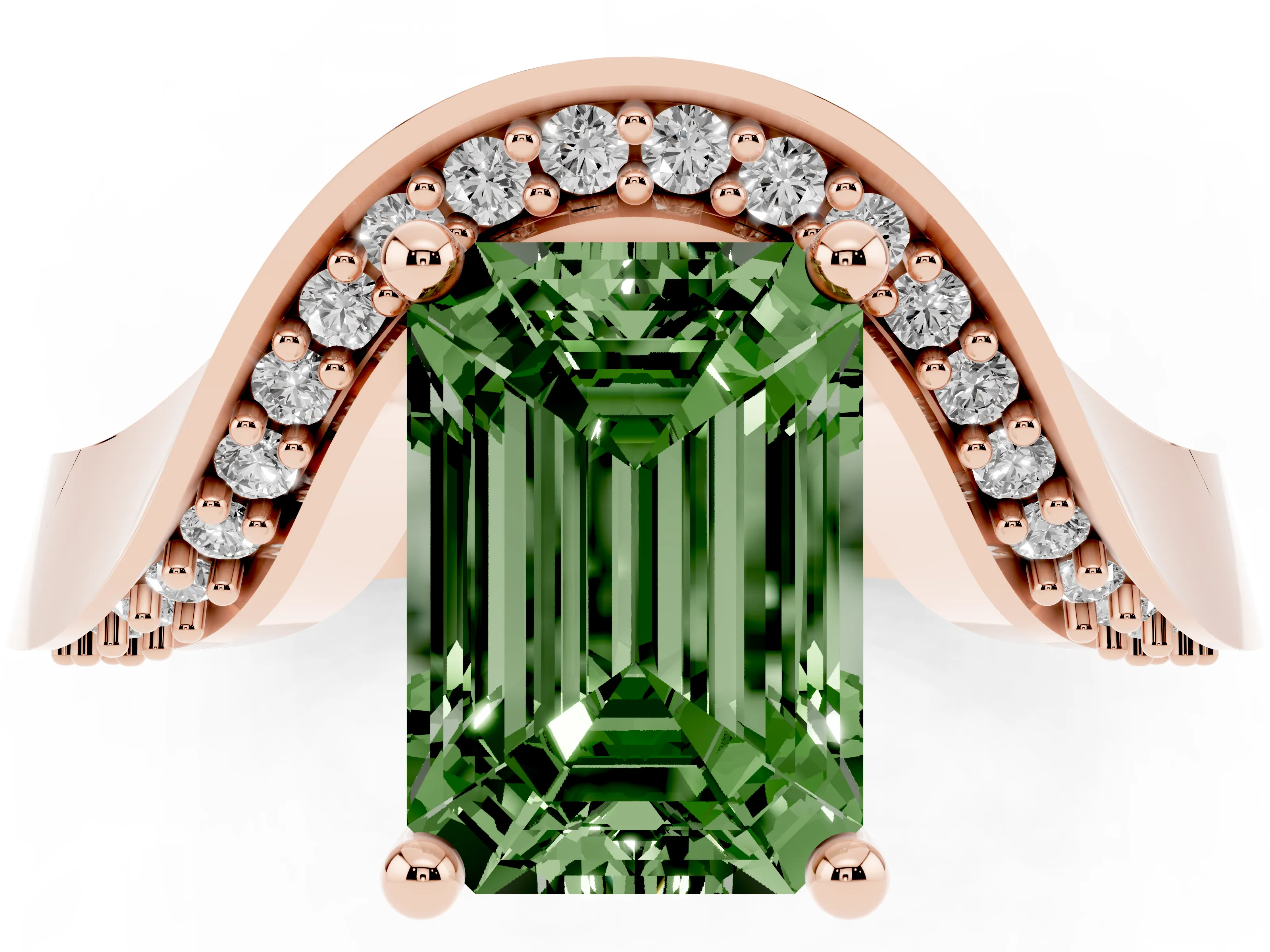 Fancy Green Emerald Cut Diamond Solitaire Engagement Ring Set in Rose gold with Pavé Shoulders