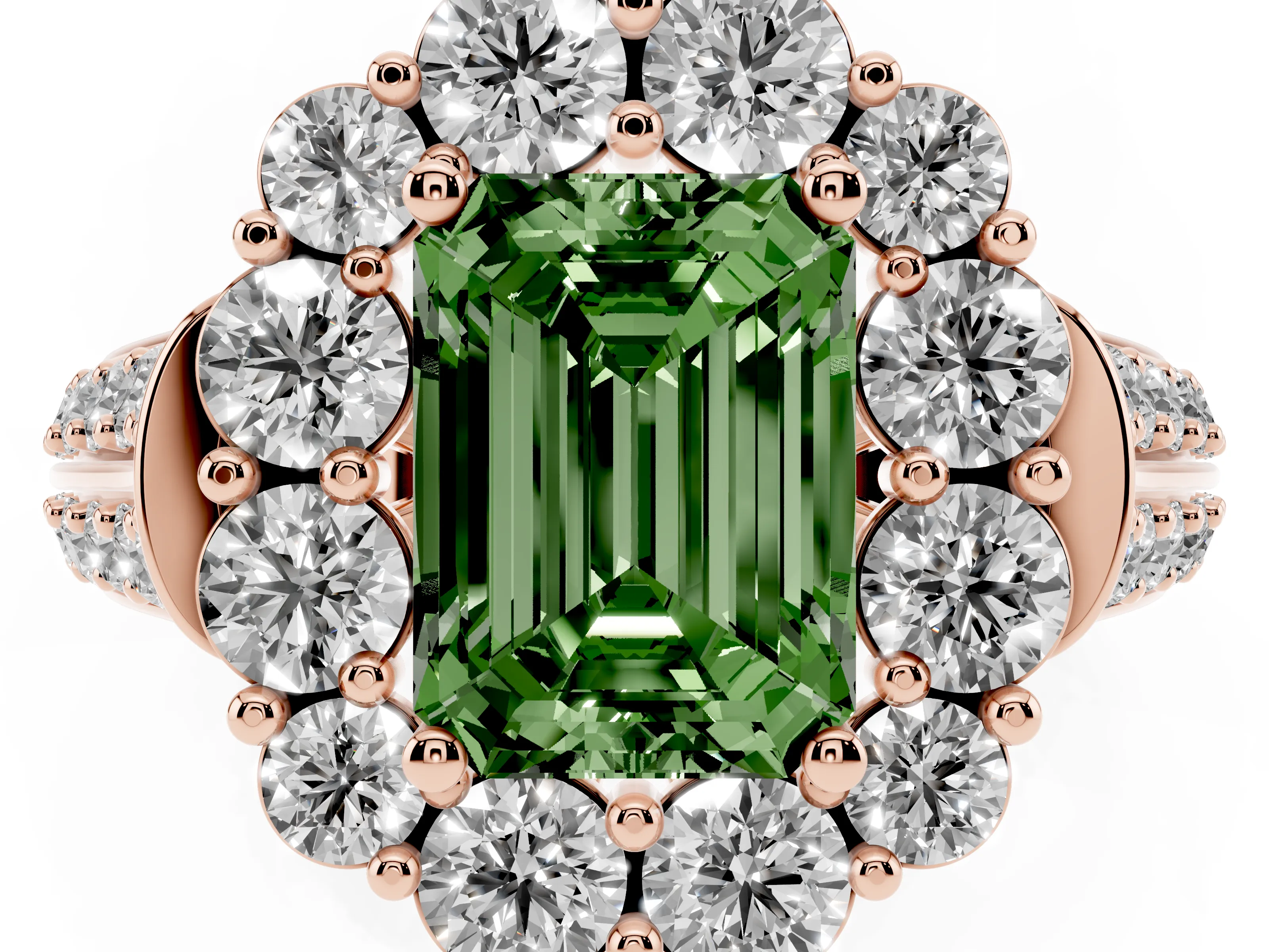 Fancy Green Emerald Cut Diamond Halo Engagement Ring Set in Rose gold with Split Shank and Prong Setting