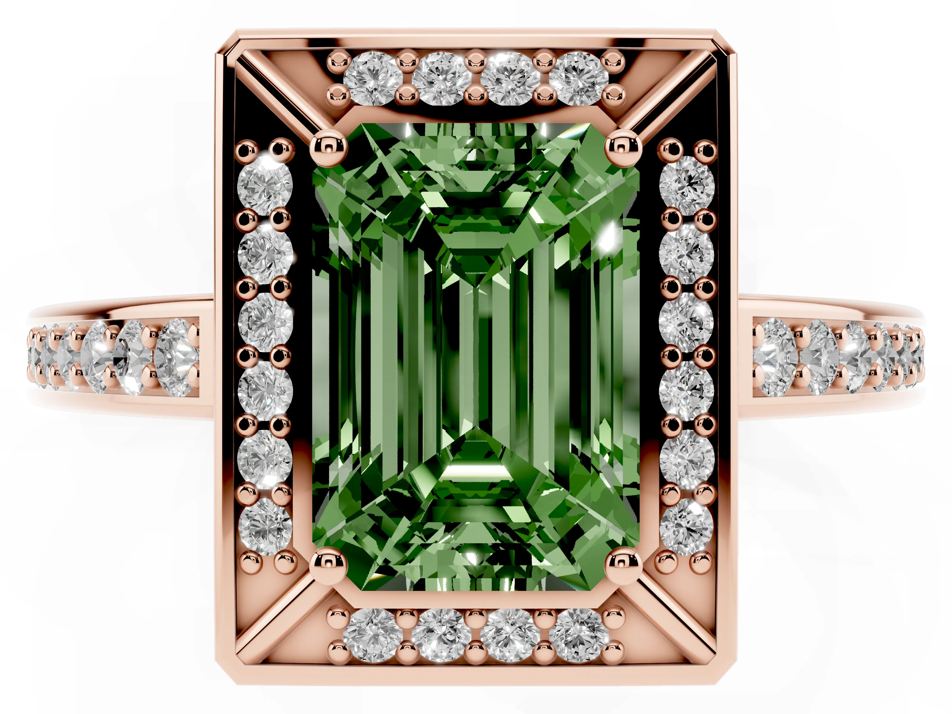 Fancy Green Emerald Cut Diamond Halo Pavé Split Shank Ring Set in Rose gold with Prong Setting
