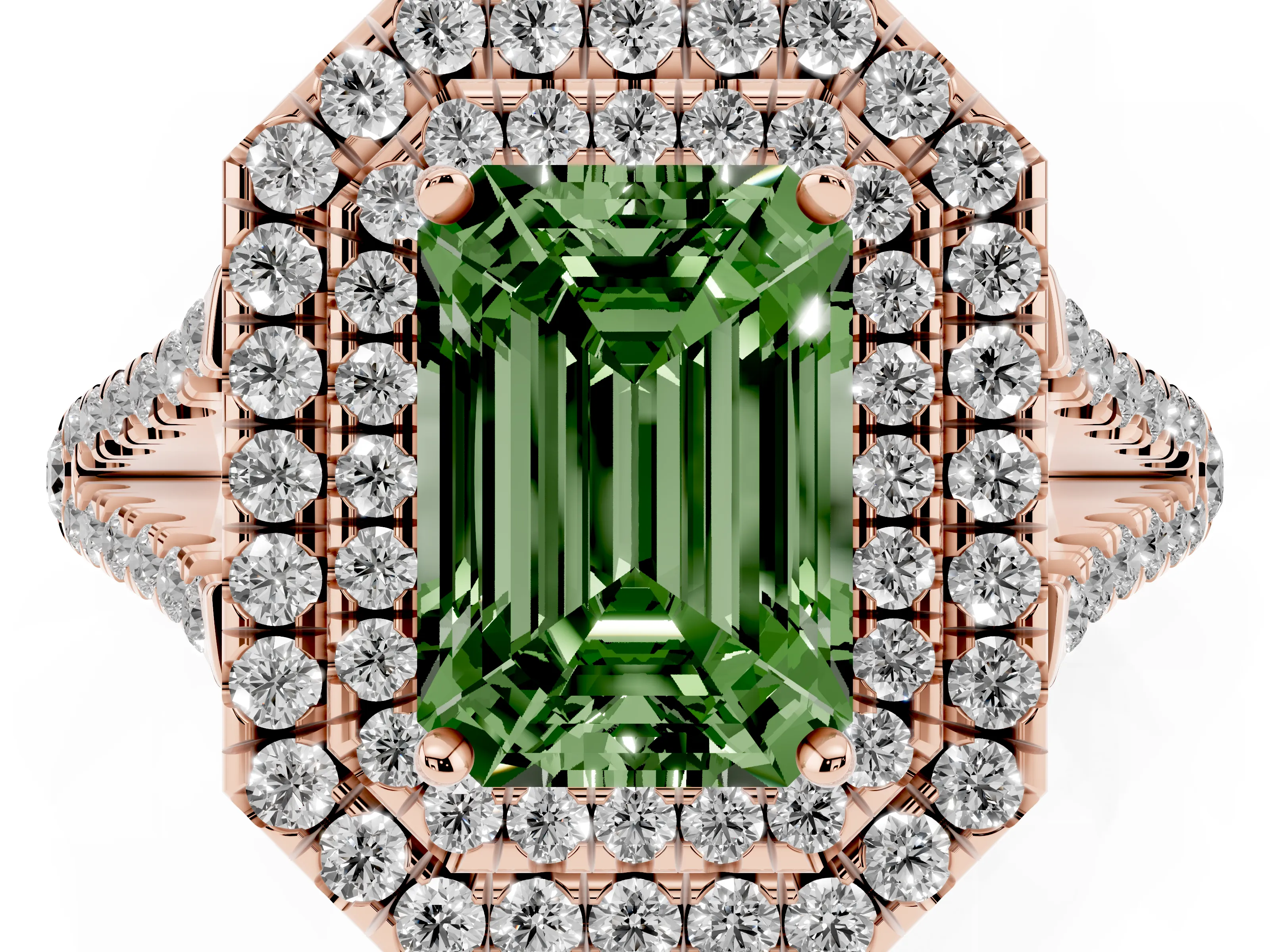 Fancy Green Emerald Cut Diamond Double Halo Ring Set in Rose gold with Pavé Band
